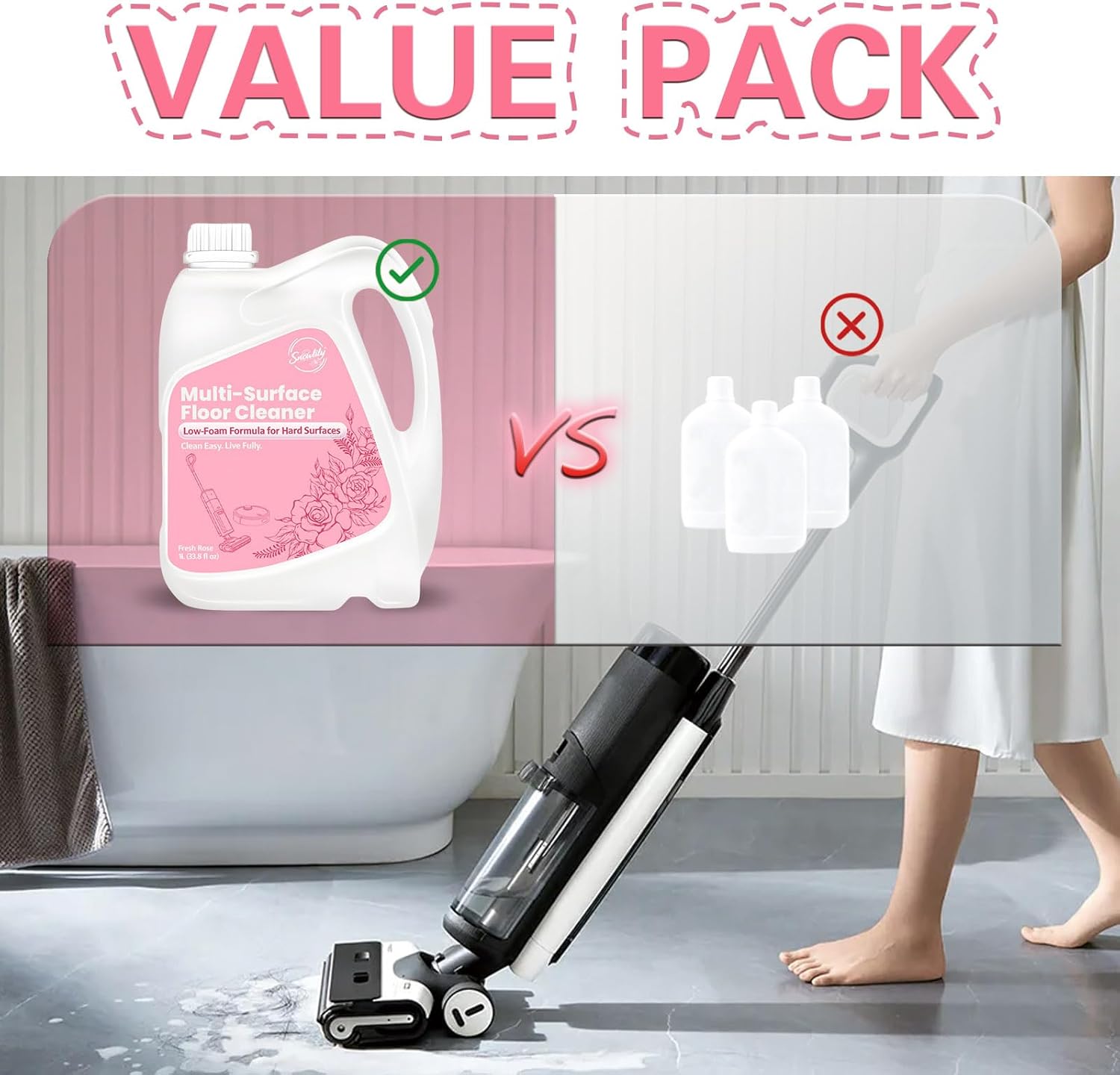 Snowlily 33.8 FL OZ Floor Cleaning Solution Compatible with Robot Vacuum, Residue & Streak Free, Low Foam Floor Cleaner for Mopping, for All Robot Vacuum Mops & Wet Dry Vacuum Cleaners, Rose - Image 7