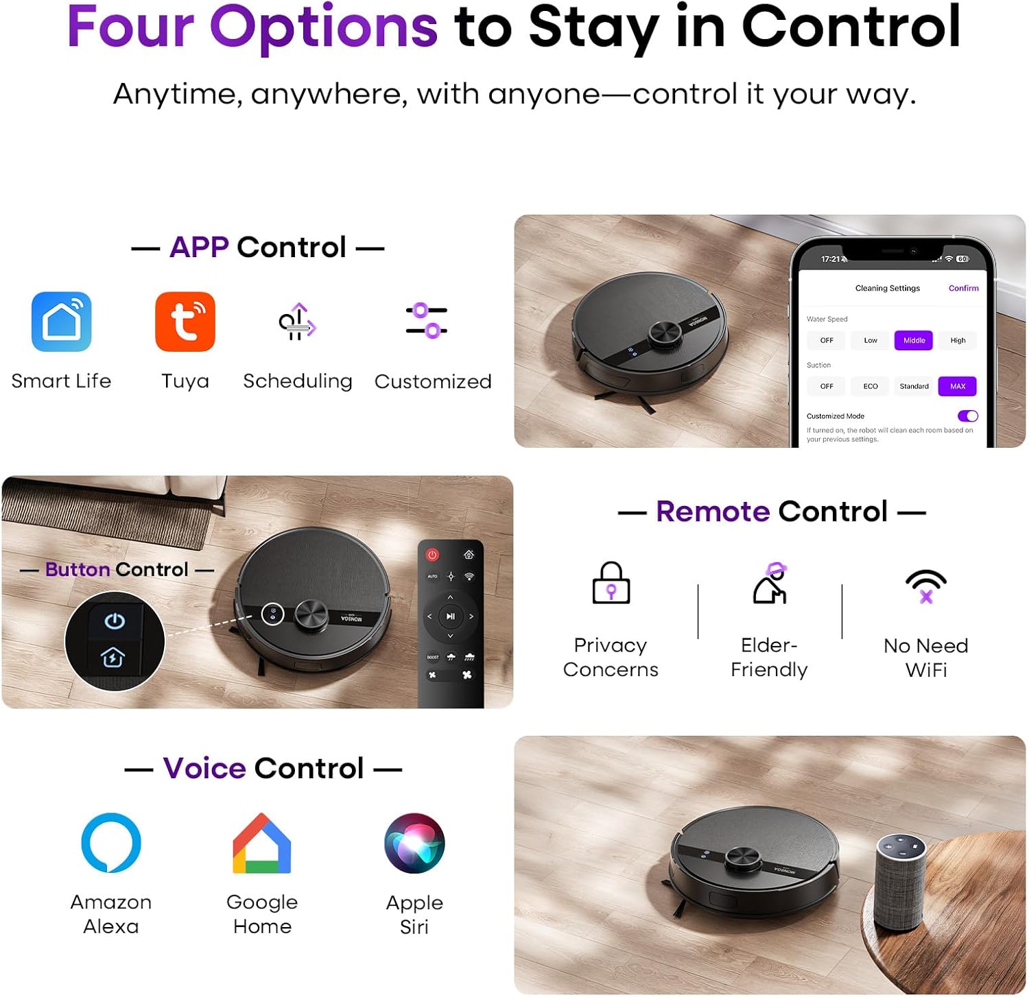 MONSGA Robot Vacuum and Mop Combo, 7000Pa Robotic Vacuum with Lidar Navigation, 180mins Runtime, Tangle-Free Robot Mop, 5 Editable Maps, APP/Remote/Voice Control, Ideal for Hard Floors and Carpets - Image 6