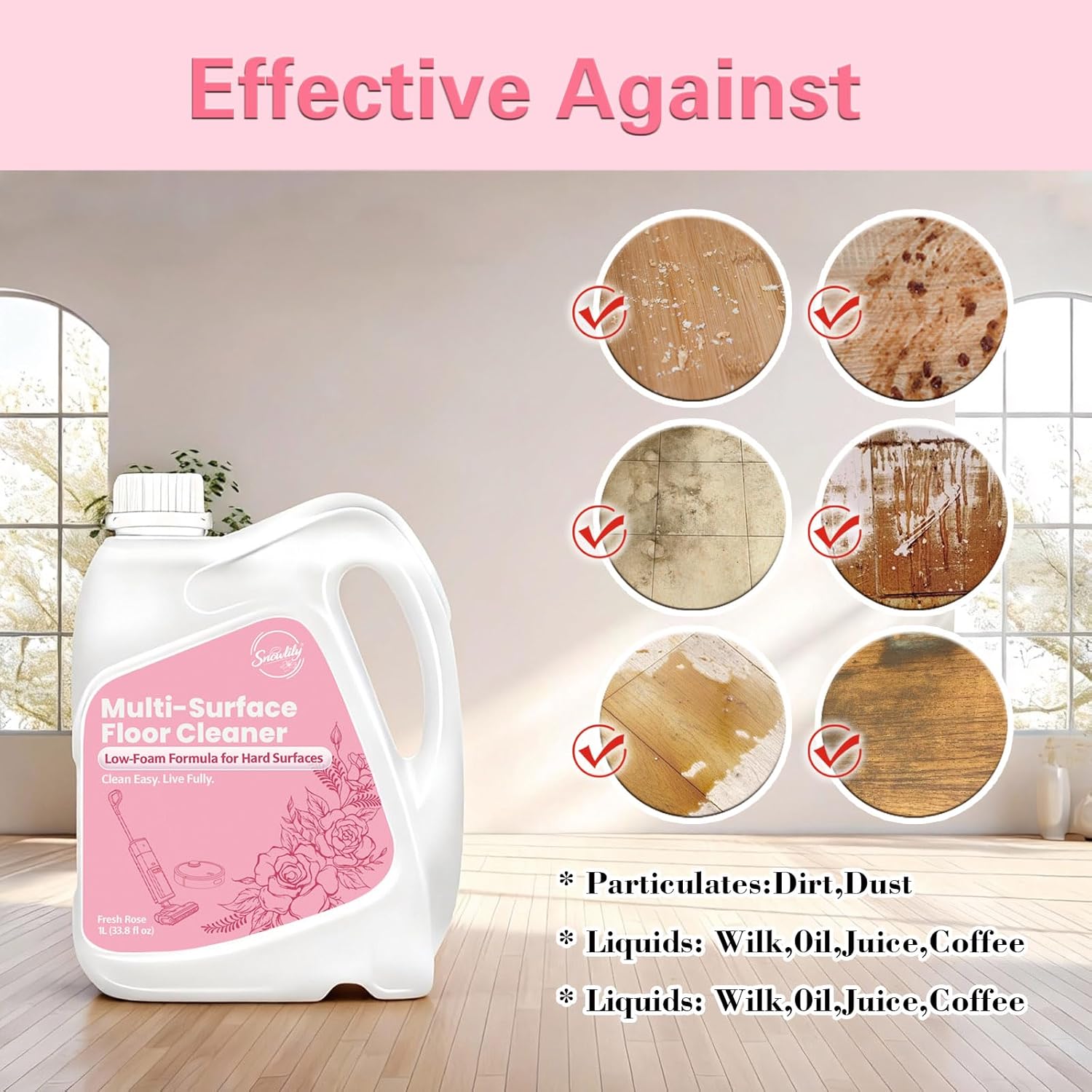 Snowlily 33.8 FL OZ Floor Cleaning Solution Compatible with Robot Vacuum, Residue & Streak Free, Low Foam Floor Cleaner for Mopping, for All Robot Vacuum Mops & Wet Dry Vacuum Cleaners, Rose - Image 6