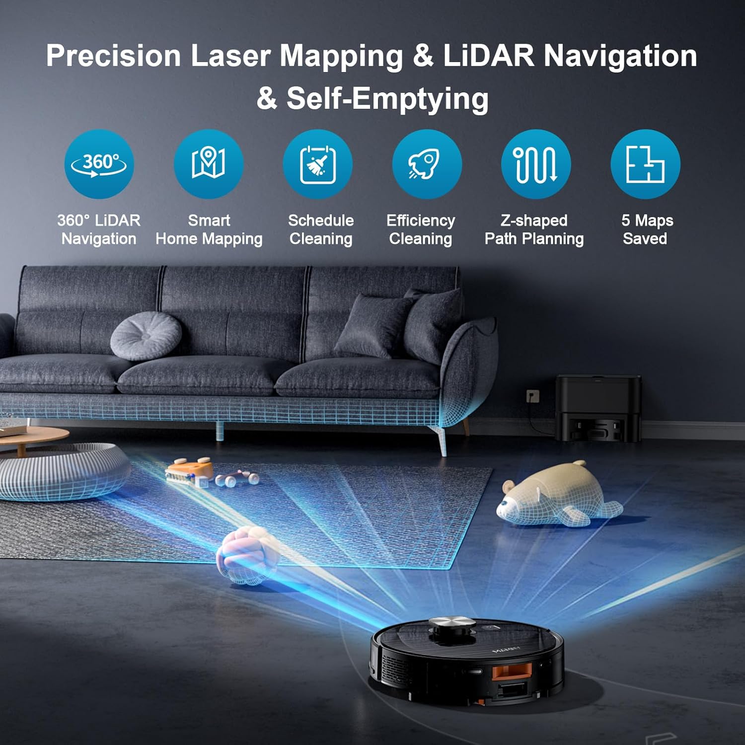 Robot Vacuum and Mop Combo, Robot Vacuum Self-Emptying with 11500Pa Suction, 70-Day Capacity, Fast Home Mapping, LiDAR Navigation, Smart Obstacle Avoidance, Ideal for Pet Hair, Carpet, Hard Floor - Image 2