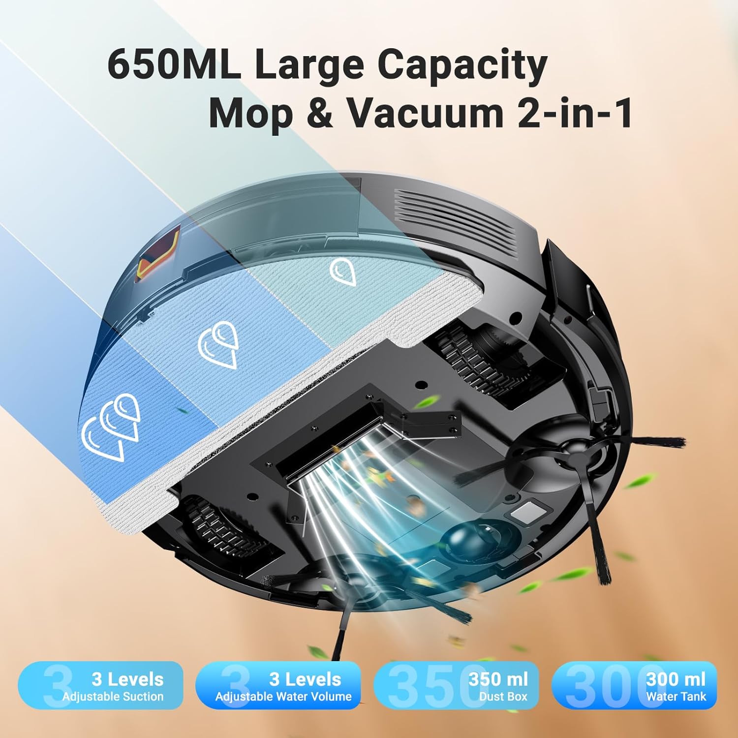 Robot Vacuum and Mop Combo, Robotic Vacuum Cleaner 5000Pa Strong Suction 130 Mins Runtime, Slim, Low Noise, Automatic Self-Charging, Wi-Fi/App/Alexa Control, Ideal for Hard Floor/Low-Pile Carpet - Image 3