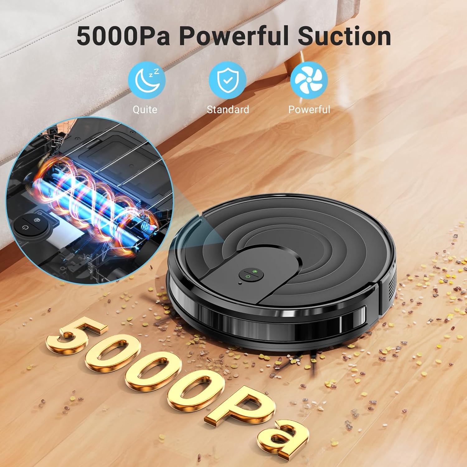 Robot Vacuum and Mop Combo, Robotic Vacuum Cleaner 5000Pa Strong Suction 130 Mins Runtime, Slim, Low Noise, Automatic Self-Charging, Wi-Fi/App/Alexa Control, Ideal for Hard Floor/Low-Pile Carpet - Image 2