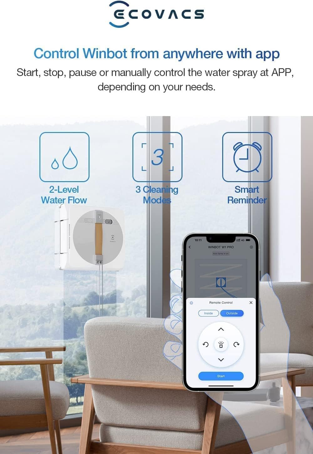 ECOVACS Winbot W1 Pro Window Cleaning Robot, Intelligent Cleaning with Dual Cross Water Spray Technology, Win SLAM 3.0 Path Planning, 2800Pa Suction Power, Edge Detection Technology, App Control,Grey - Image 6