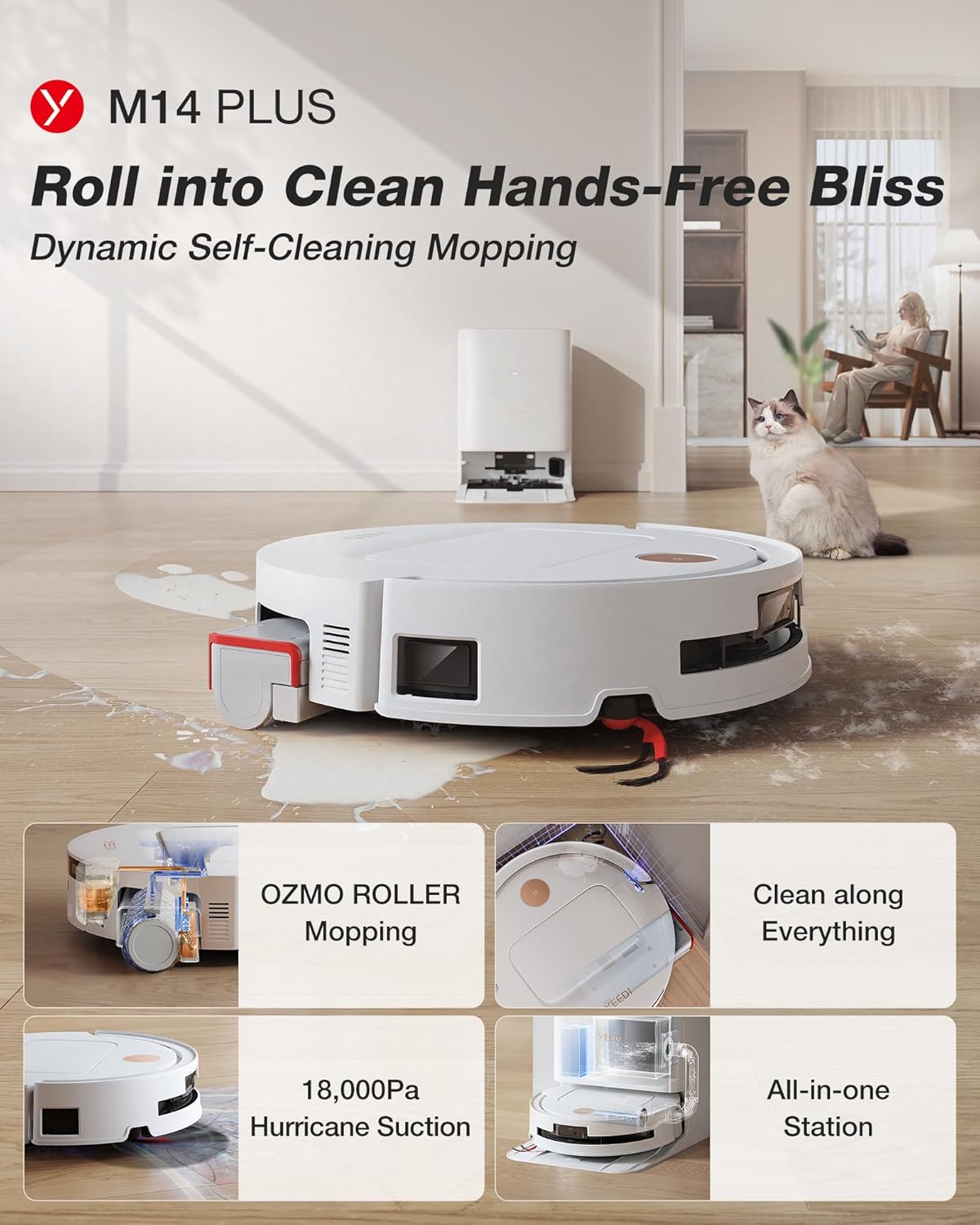 Yeedi M14 Plus Robot Vacuum and Mop with All-in-One Station, 18000Pa, OZMO Roller Instant Self-Washing Mopping, 167℉ Hot Water Mop Washing & Self-Drying, ZeroTangle 3.0, Self-Emptying, White - Image 2