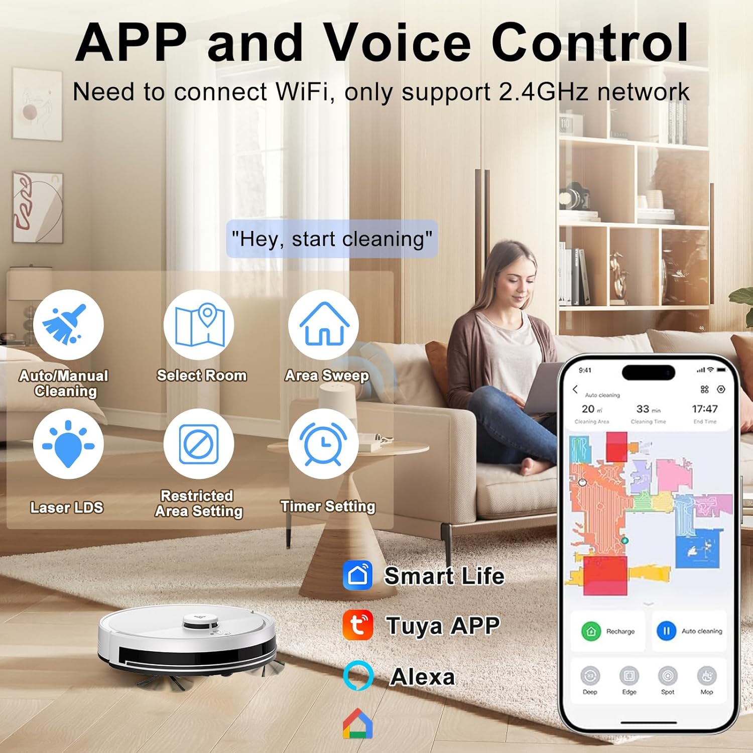 Robot Vacuum and Mop Combo, Robotic Vacuums with LiDAR Navigation, Smart Mapping, Strong Suction, with WiFi/App/Alexa/Voice Control, Obstacle Avoidance, for Home, Wood/Hard Floors, Pet Hair - Image 2
