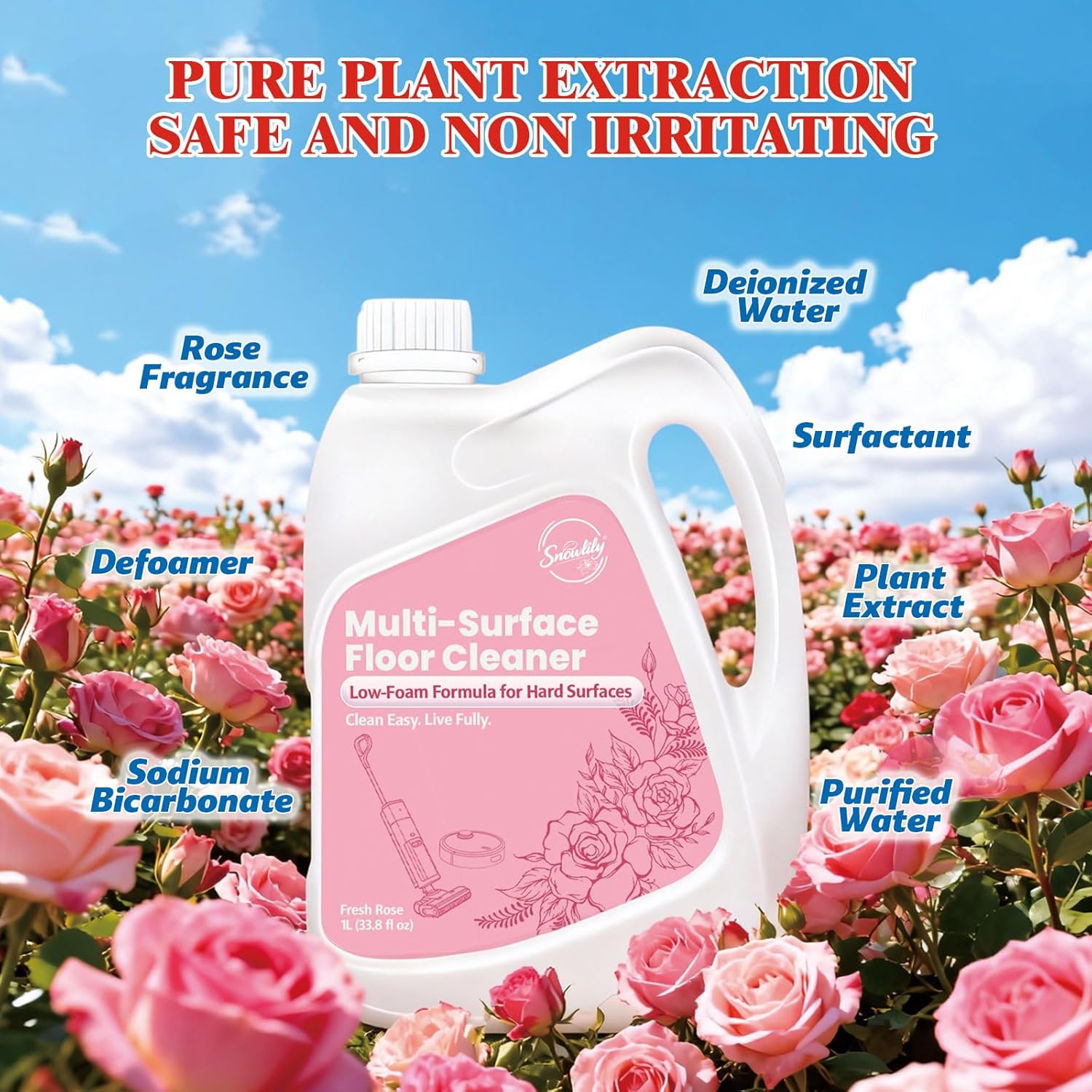 Snowlily 33.8 FL OZ Floor Cleaning Solution Compatible with Robot Vacuum, Residue & Streak Free, Low Foam Floor Cleaner for Mopping, for All Robot Vacuum Mops & Wet Dry Vacuum Cleaners, Rose - Image 2