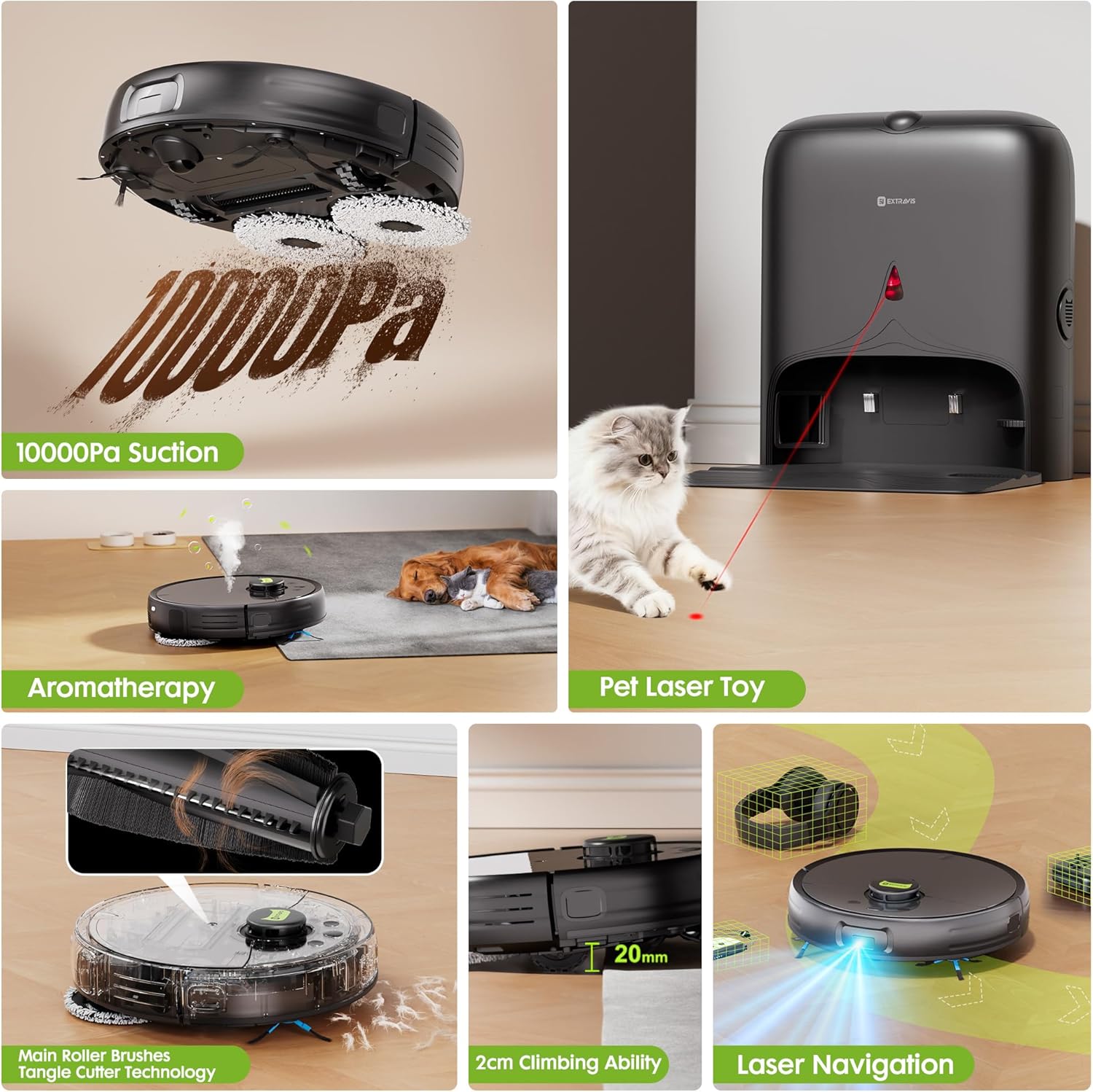 Robot Vacuum and Mop, Pet Hair Tangle-Free Cutter Technology, Max 10,000Pa Suction, Laser Navigation, Pet Laser, 75-Days Capacity, Carpet Lift Detection, APP & Voice Control, Robotic Vacuums Cleaner - Image 2