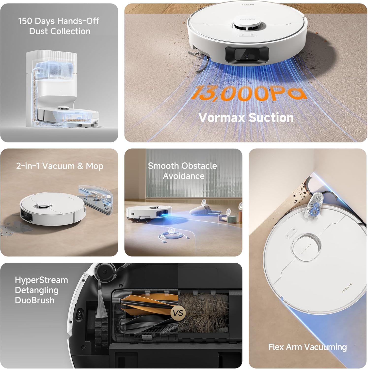 DREAME D20 Pro Plus Robot Vacuum, 13,000Pa Suction, DuoBrush for Pet Hair, Corner Cleaning, Self Emptying, LDS Navigation Laser Avoidance, Vacuum Mop, Hard Floors&Carpets, 5,200mAh Battery White - Image 10