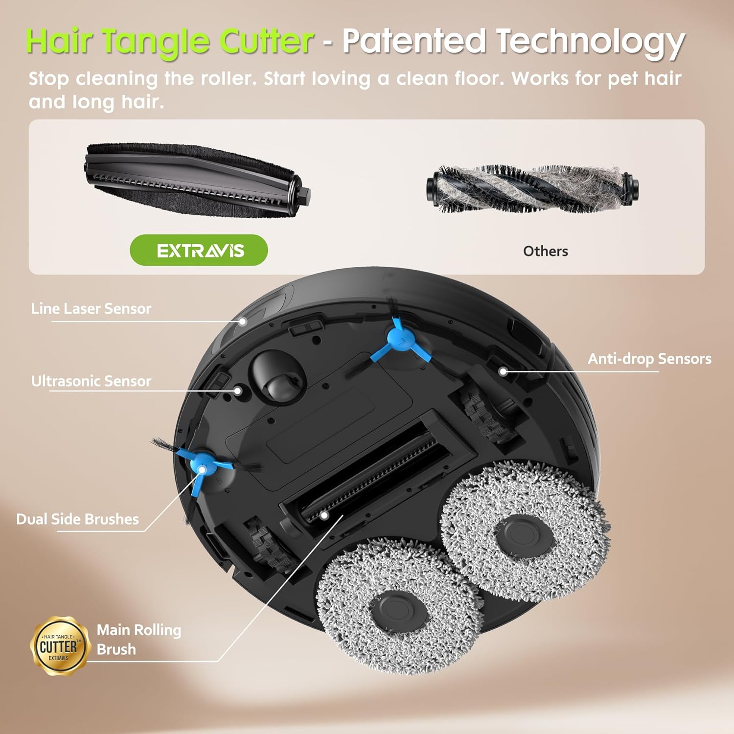 Robot Vacuum and Mop, Pet Hair Tangle-Free Cutter Technology, Max 10,000Pa Suction, Laser Navigation, Pet Laser, 75-Days Capacity, Carpet Lift Detection, APP & Voice Control, Robotic Vacuums Cleaner - Image 3