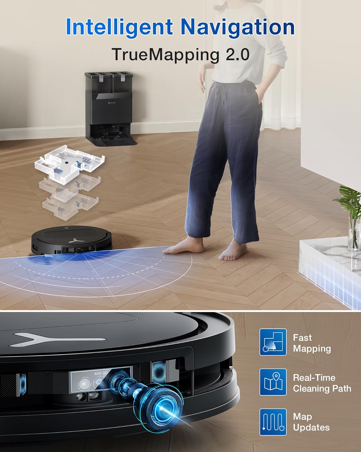 ECOVACS DEEBOT T50 PRO Omni Robot Vacuum and Mop, 3.19” Ultra-Slim, 15,000Pa Suction, ZeroTangle 2.0, TruEdge Edge Cleaning, AIVI 3D Obstacle Avoidance, Auto Mop Wash & Dry, Self-Emptying - Image 8