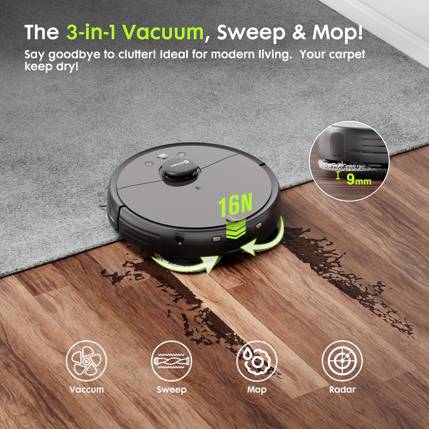 Robot Vacuum and Mop, V5 Tangle Cutter Technology for Pet Hair, 8500Pa Suction, 75-Day Capacity, LDS Navigation, Pet Laser, Robotic Vacuums Cleaner for Hair, Floors, Tile, Carpet, APP & Voice Control - Image 9