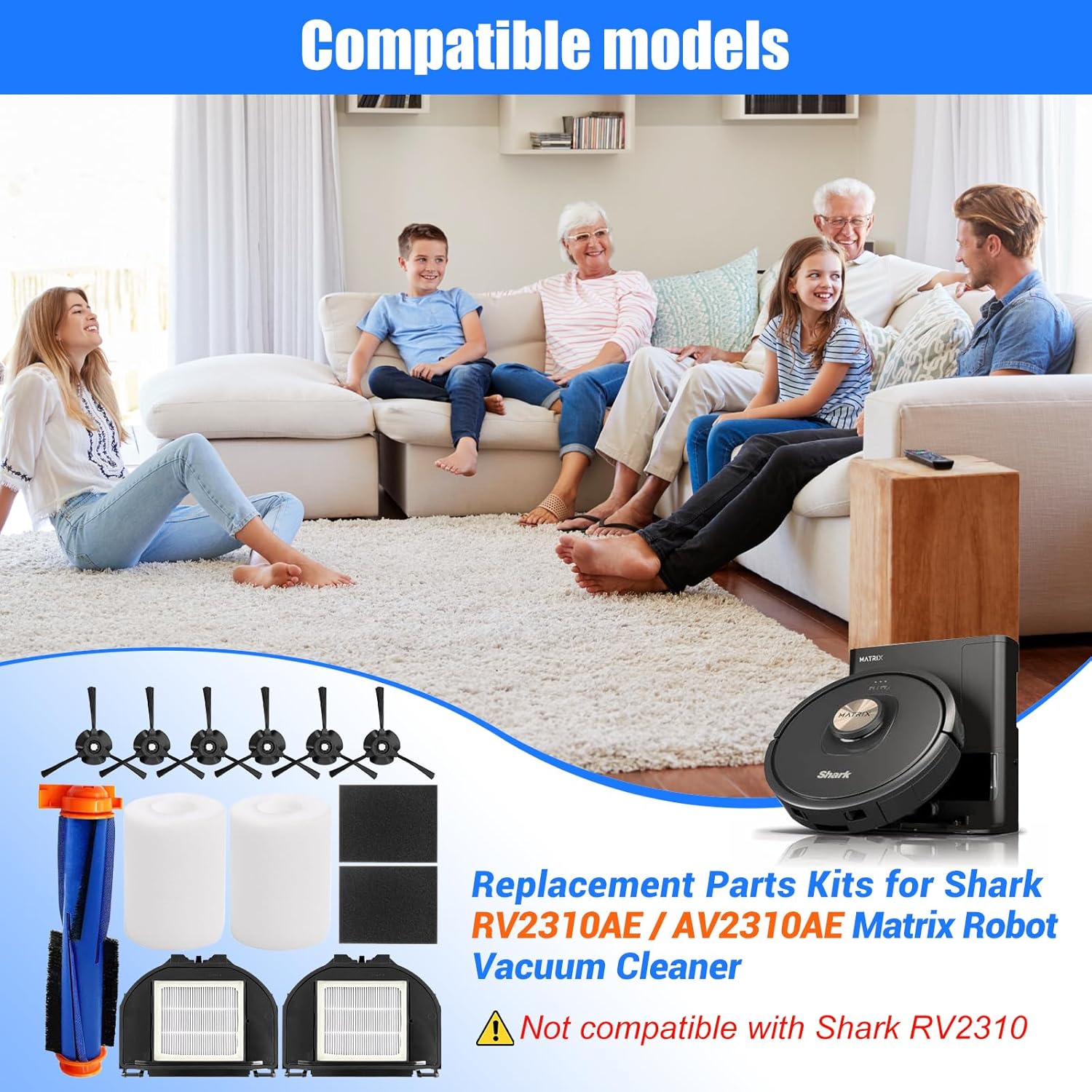 Replacement Parts for Shark RV2310AE/AV2310AE/RV2320S/RV2300S/UR2360S Matrix Robot Vacuum Cleaner,1 Main Brush Roller, 6 Side Brushes, 2 HEPA Filters, 2 Foam Filters(Not for RV2300/RV2310)-13Pack - Image 2
