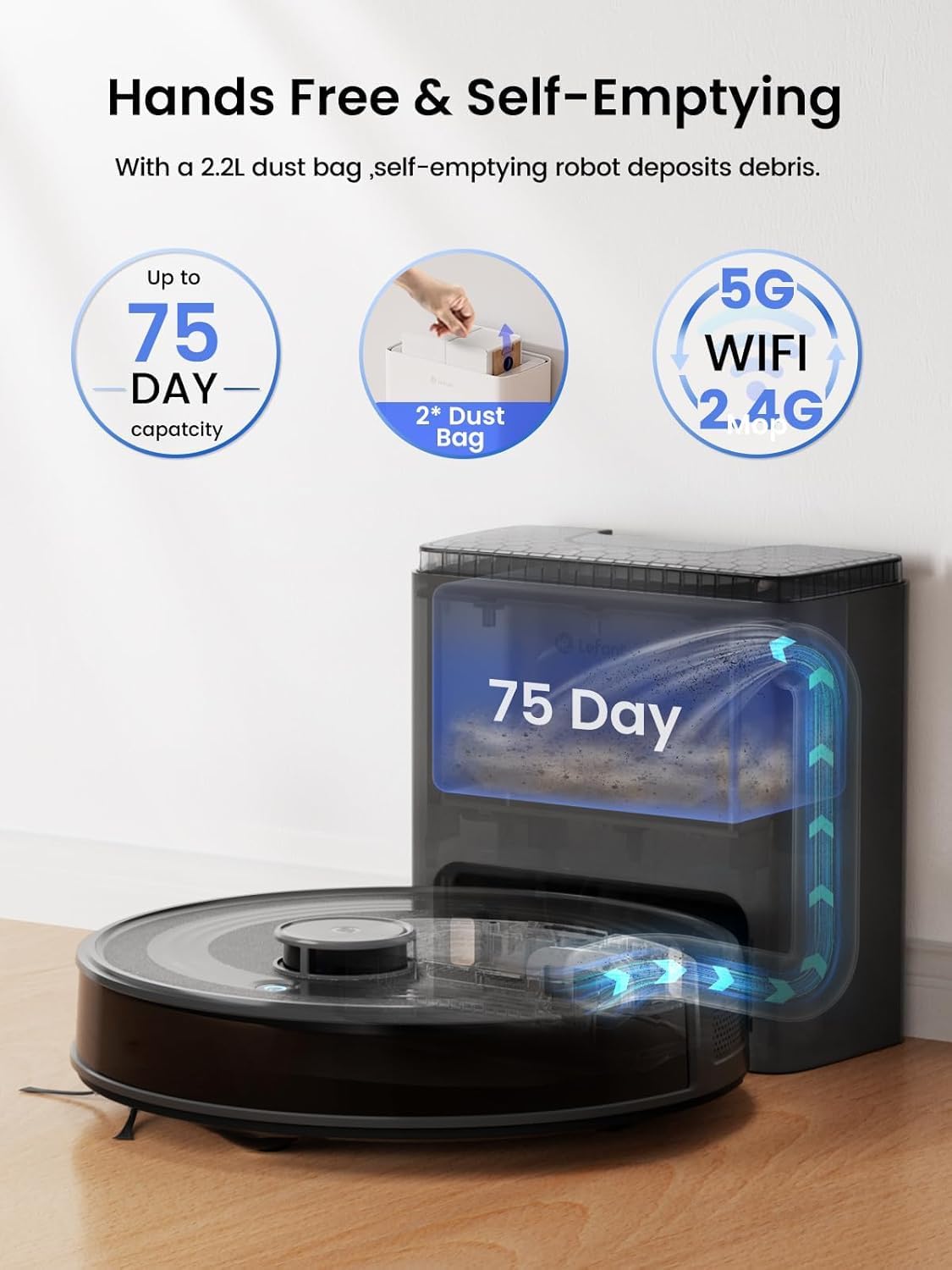 Lefant LiDAR Robot Vacuum and Mop Combo,75-Days Self-Emptying,6000Pa Powerful Scution,Multi-Floor Mapping, No-Go Zones,140 Min Runtime,2.4G/5G WiFi/Alexa/APP/iWatch,M2 Plus Black - Image 2