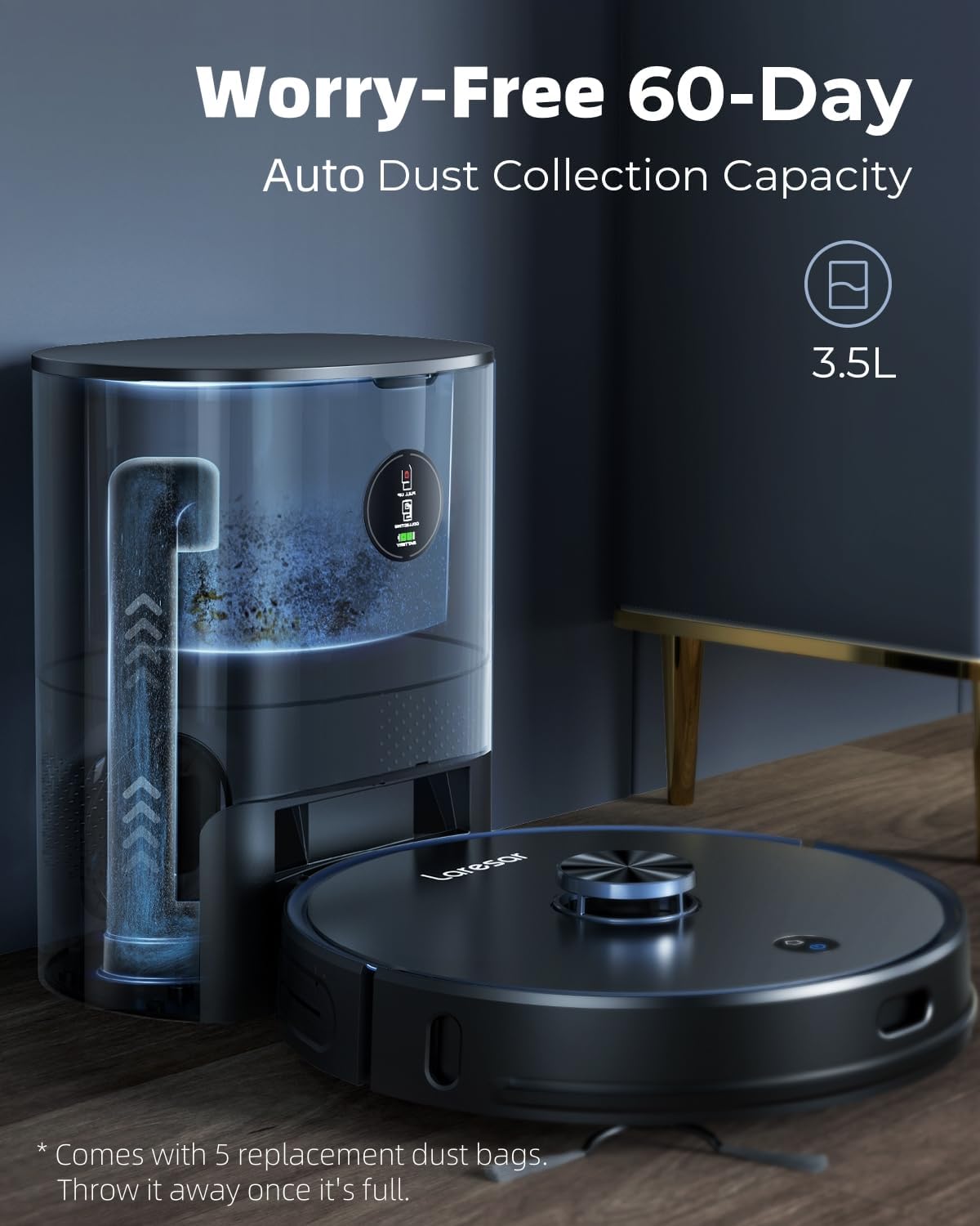 Laresar Robot Vacuum and Mop Combo, 3 in 1 Robotic Vacuum with 3.5L Self Emptying Station, Equipped with Lidar Navigation,Smart App Control, for Pet Hair/Floors/Carpets, L6 Pro, Black - Image 3