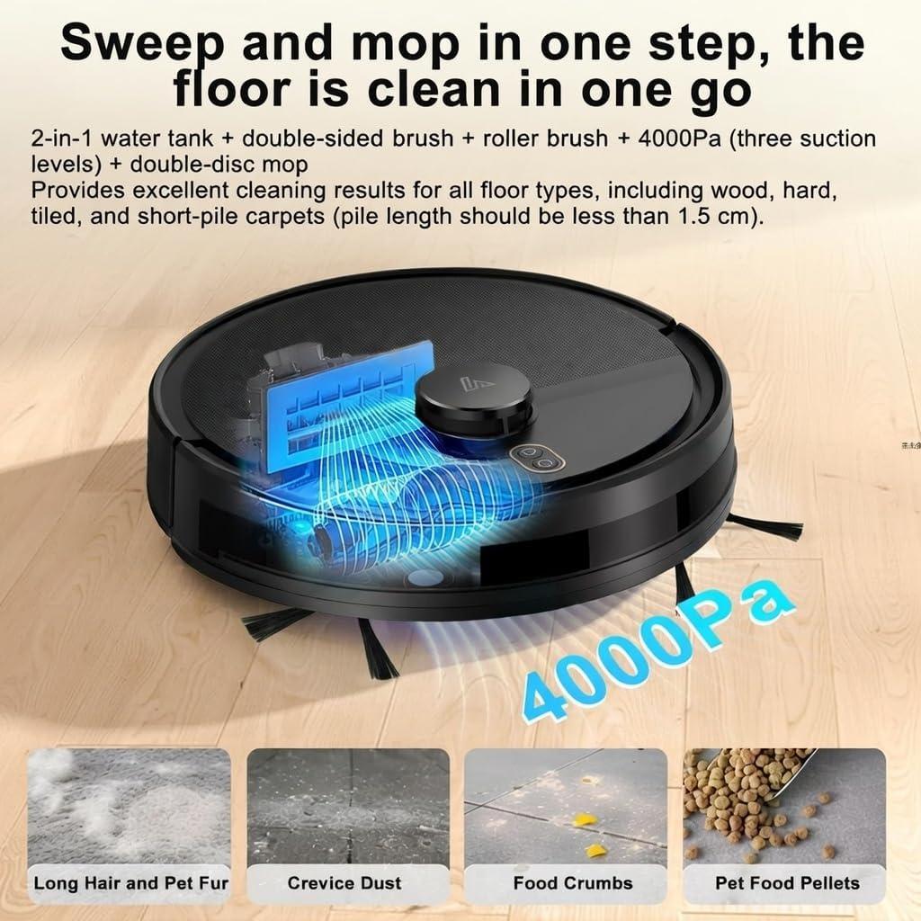 Robot Vacuum and Mop Combo, Robotic Vacuums with LiDAR Navigation, Smart Mapping, Strong Suction, with WiFi/App/Alexa/Voice Control, Obstacle Avoidance, for Home, Wood/Hard Floors, Pet Hair Black - Image 3
