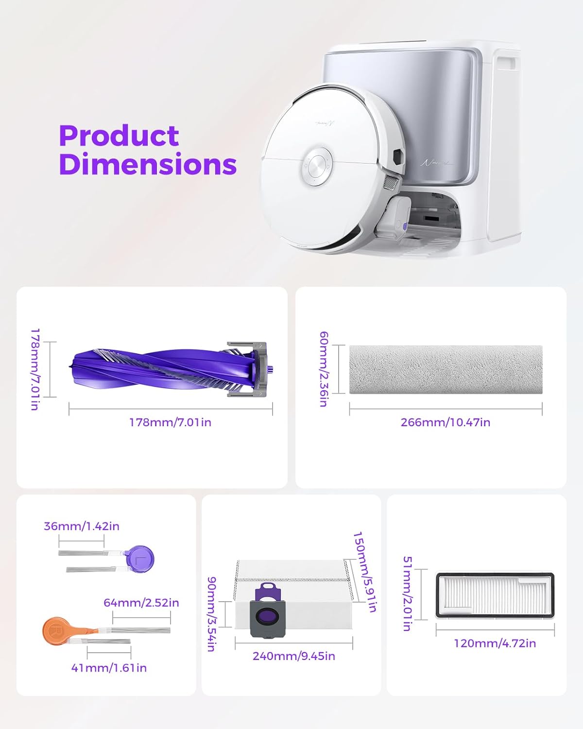 Yivy 22pcs Accessory Kit for Narwal Flow Robot Vacuum Cleaner, Replacement Set Compatible with Narwal Flow: 3 Track Mop Pads,1 Main Brush, 8 Side Brushes, 4 HEPA Filters, 6 Dust Bags,1 Cleaning Brush - Image 8