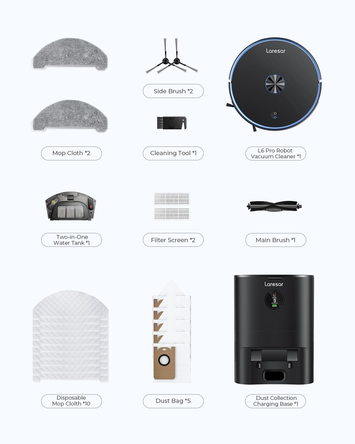 Laresar Robot Vacuum and Mop Combo, 3 in 1 Robotic Vacuum with 3.5L Self Emptying Station, Equipped with Lidar Navigation,Smart App Control, for Pet Hair/Floors/Carpets, L6 Pro, Black - Image 9