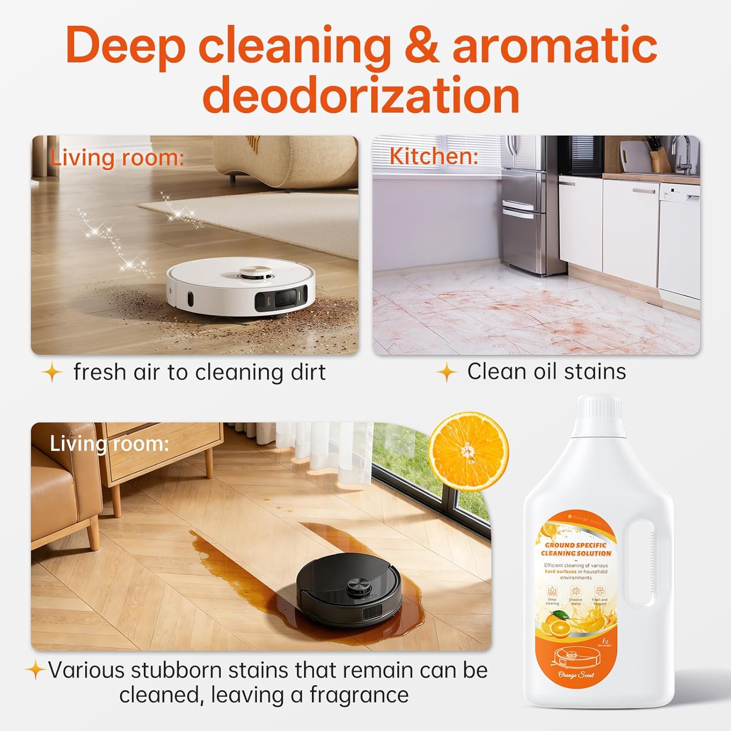1L Sweet Orange Floor Cleaning Solution Compatible with Roborock&Eufy&iRobot&Ecovacs&Dreame&Shark, Fragrance Deodorization, Deep Cleans for Multiple Hard Floors, Suitable With All Robot Vacuum - Image 5