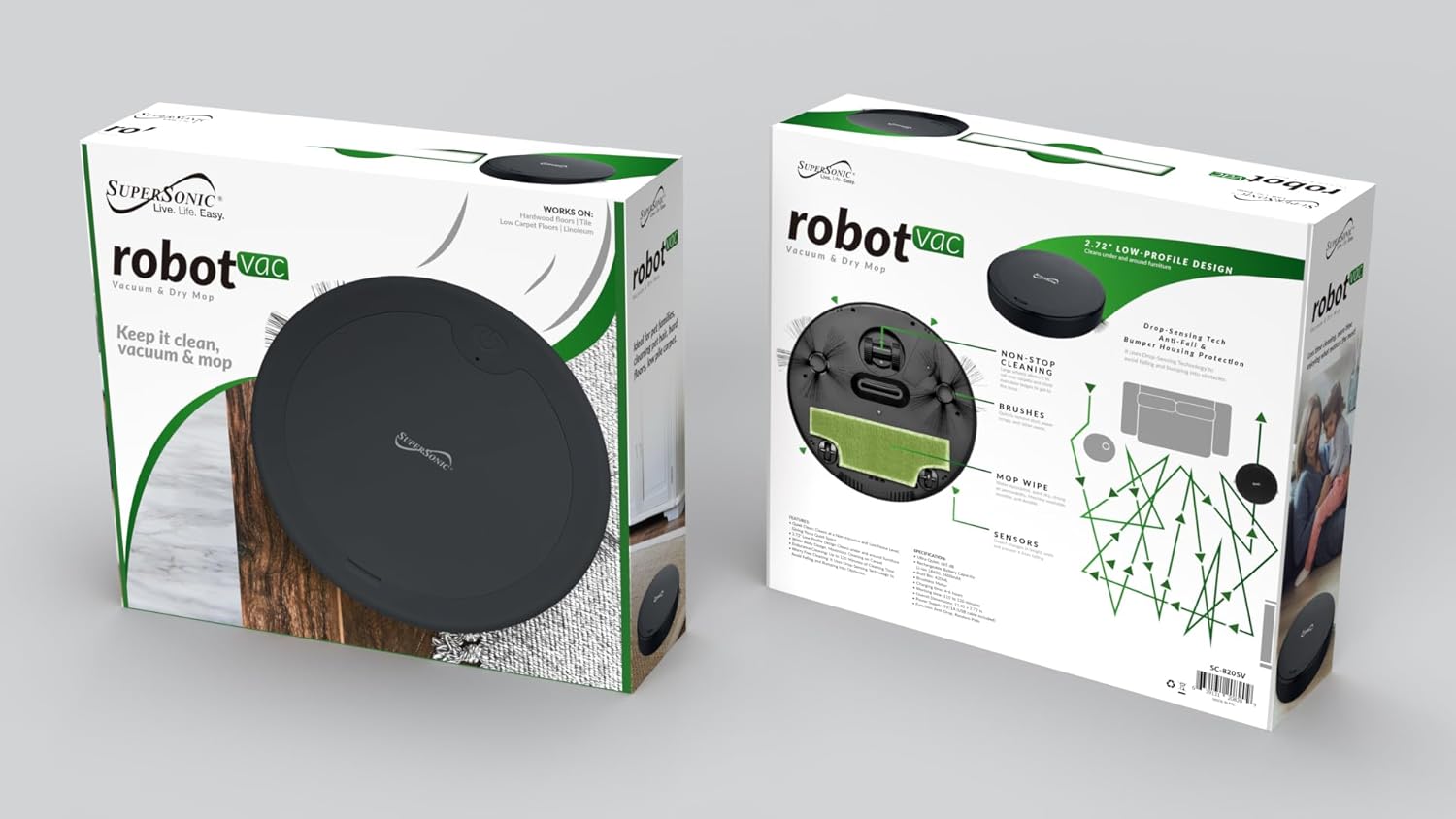 Supersonic SC-820SV Robot Vacuum & Dry Mop, Quiet Clean, Low-Profile Design, 120 Minutes Cleaning Time, Drop-Sensing Technology, 420ML Dust Bin, Brushless Motor, Fast Charging - Image 9