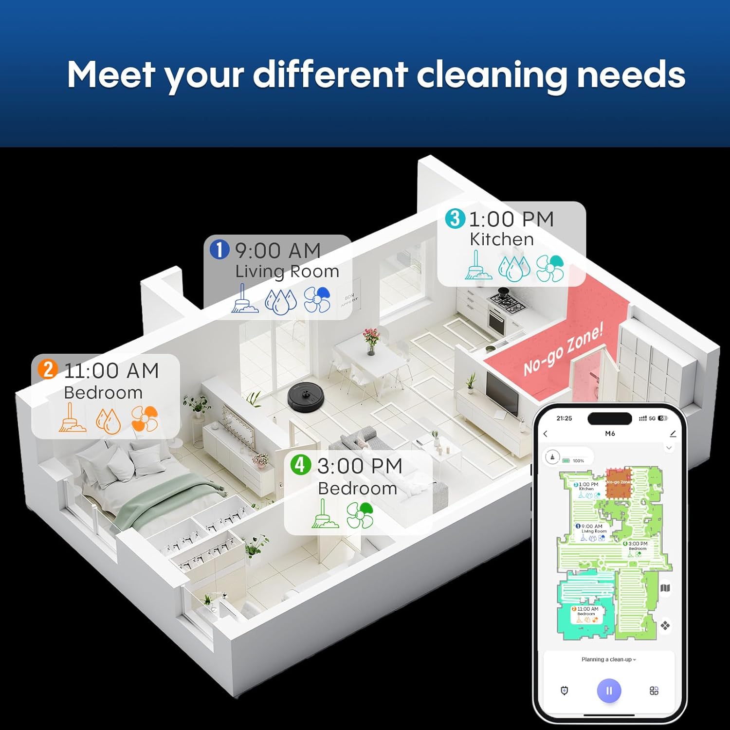 Robot Vacuum and Mop with Mapping, 5000Pa Robotic Vacuums with LiDAR Navigation, Wi-Fi/App/Alexa Control, Self-Recharging, No-Go Zones, Perfect for Pet, Hard Floors, Carpet - Image 6