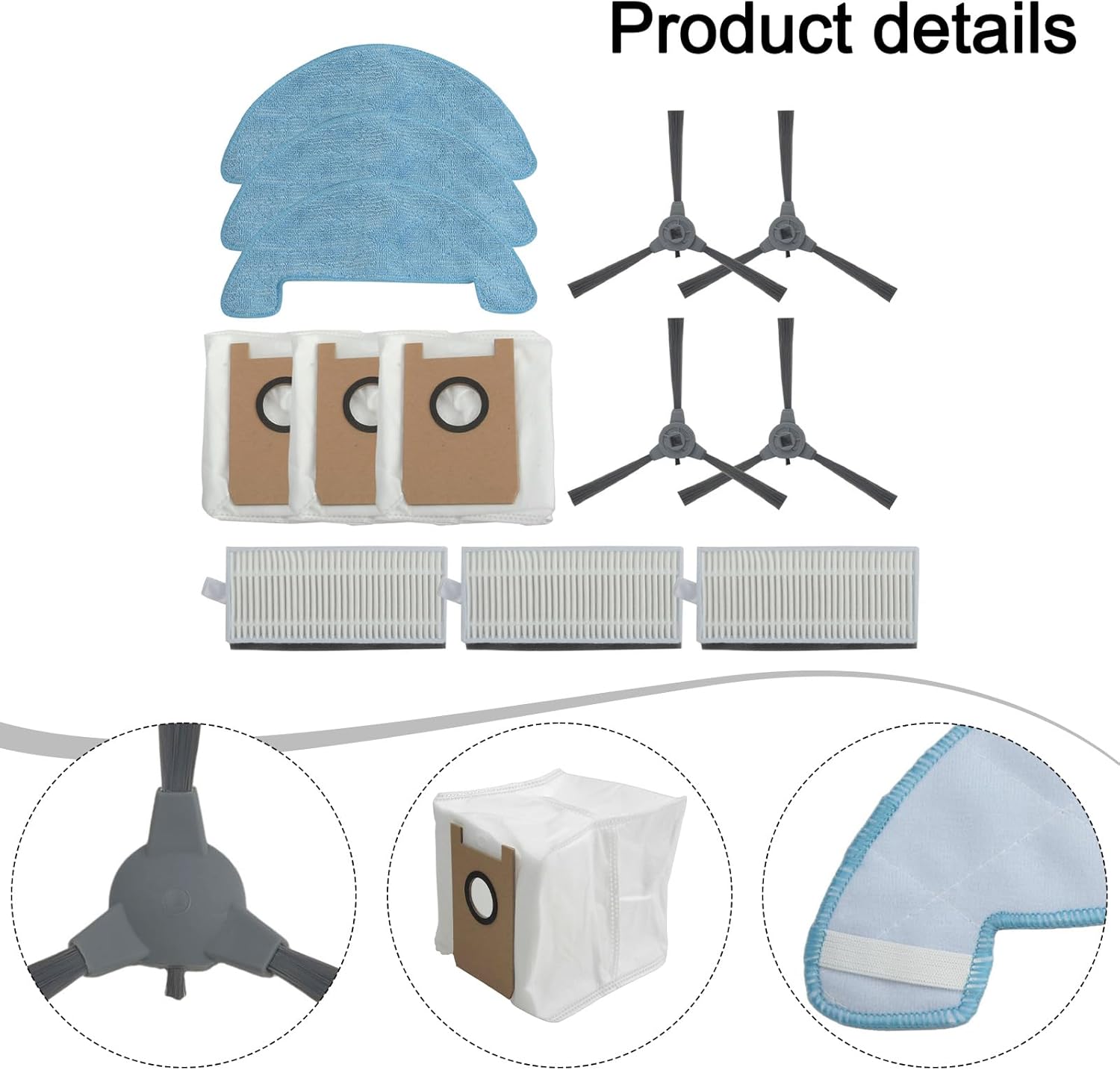 Side Brushes HEPA Filters Mop Pads Dust Bags Kit for Loorow AT800 3-in-1 Robot Vacuum Cleaner, Home Vacuums Attachment Replacement Parts - Image 3