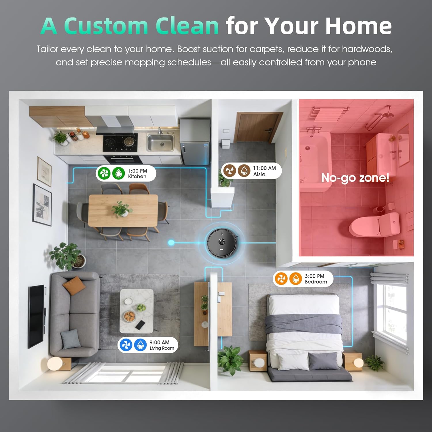 Livvi 2 in 1 Robot Vacuum and Mop Combo, 3500 Pa Suction, Laser Navigator with Smart Mapping,120 Min Runtime, App/Voice/Remote Control, Self-Charging for Pet Hair & Hard Floor - Image 6