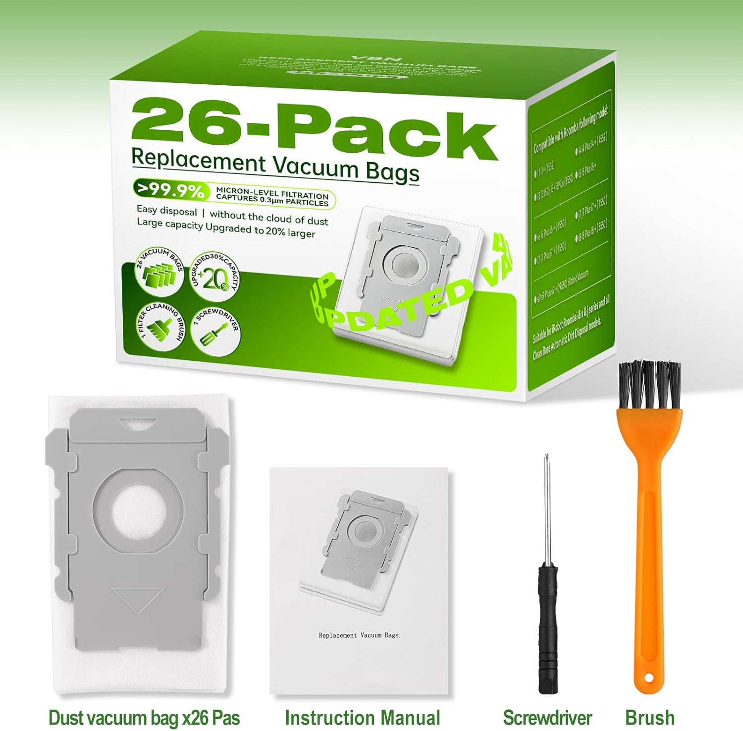 VBN 26 Pack Vacuum Bags for iRobot Roomba i s j 100 400 500 Series All Clean Base, Fit i3+ i4+ i5+ i6+ i7+ i8+ j7+ j8+ j9+ s9+ 104 105 405 504 505 507 Vac Combo, 705 Max Combo10, Dirt Disposal Bags - Image 8