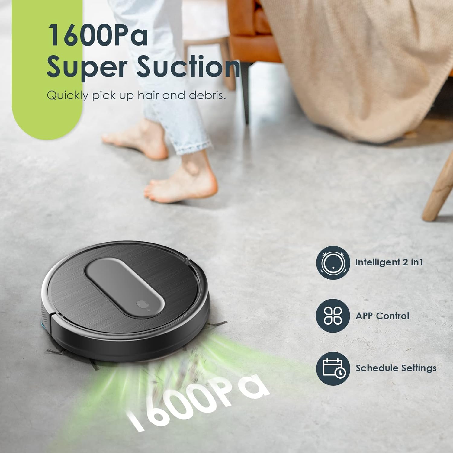 Robot Vacuum and Mop Combo, 3 in 1 Mopping Robotic Vacuum Cleaner with Schedule, App/2.4Ghz Wi-Fi, 1600Pa Max Suction, Self-Charging, Slim, Ideal for Hard Floor, Pet Hair, Carpet - Image 3