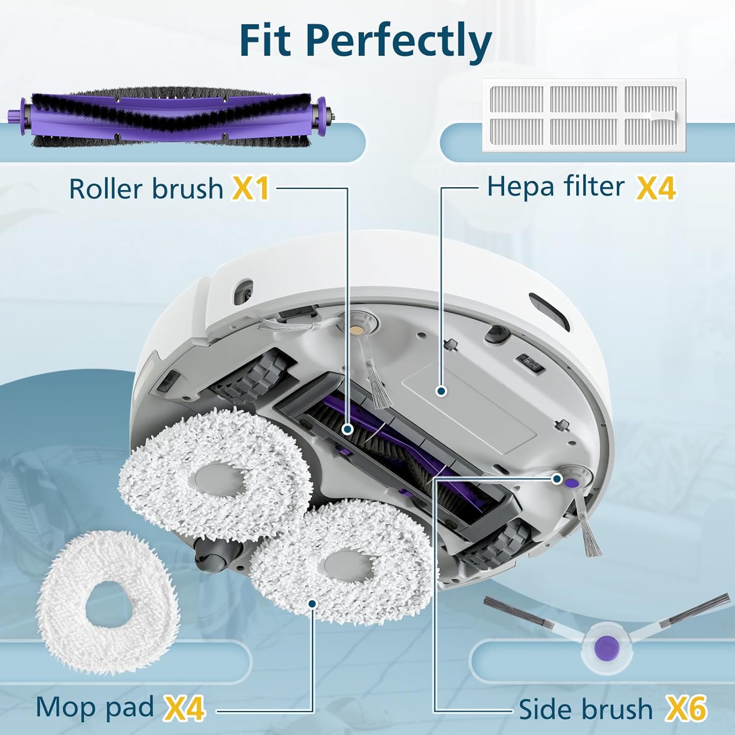 Replacement Parts Accessories Compatible with Narwal Freo Robot Vacuum 1 Roller Brush,4 HEPA Filters, 4 Mop Pads, 6 Side Brushes, 15 Pack - Image 6