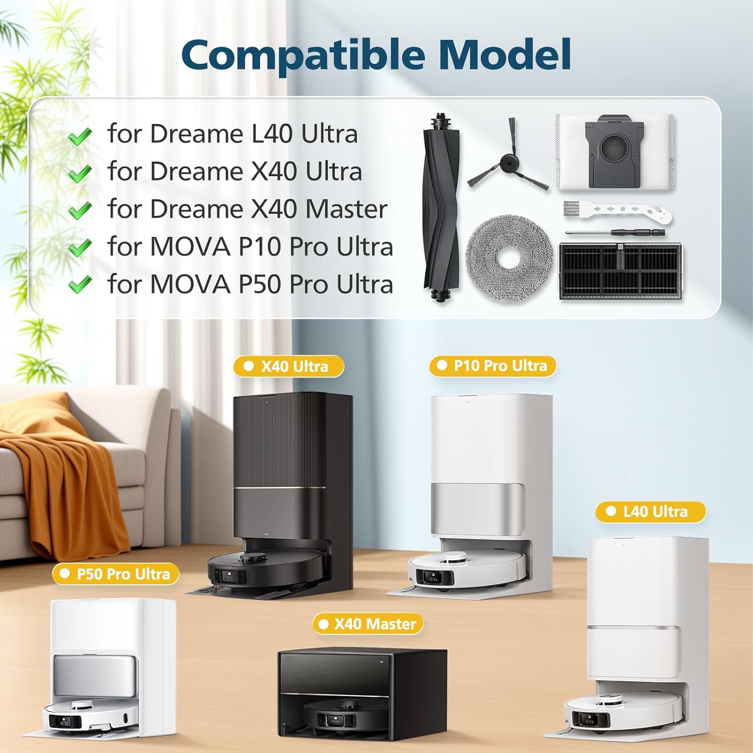 Accessories for Dreame L40 Ultra / X40 Ultra / X40 Master, and for MOVA P10 / P50 Pro Ultra Robot Vacuum, 2*Rubber Main Brushes, 4*Dust Bags, 6*Mop Pads, 4*Filters, 6*Side Brushes - Image 2