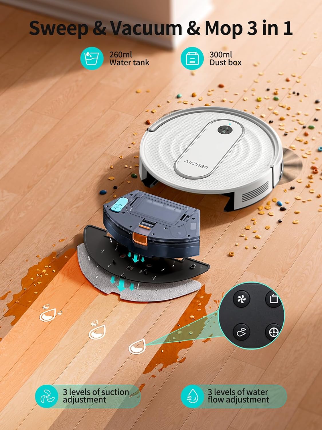 Airzeen Robot Vacuum and Mop - 4000Pa Powerful Suction, APP/Alexa Control, 3-in-1 Cleaning Solution with Auto Self-Charging, Perfect for Pet Hair, Carpets, and Hard Floors - Image 2