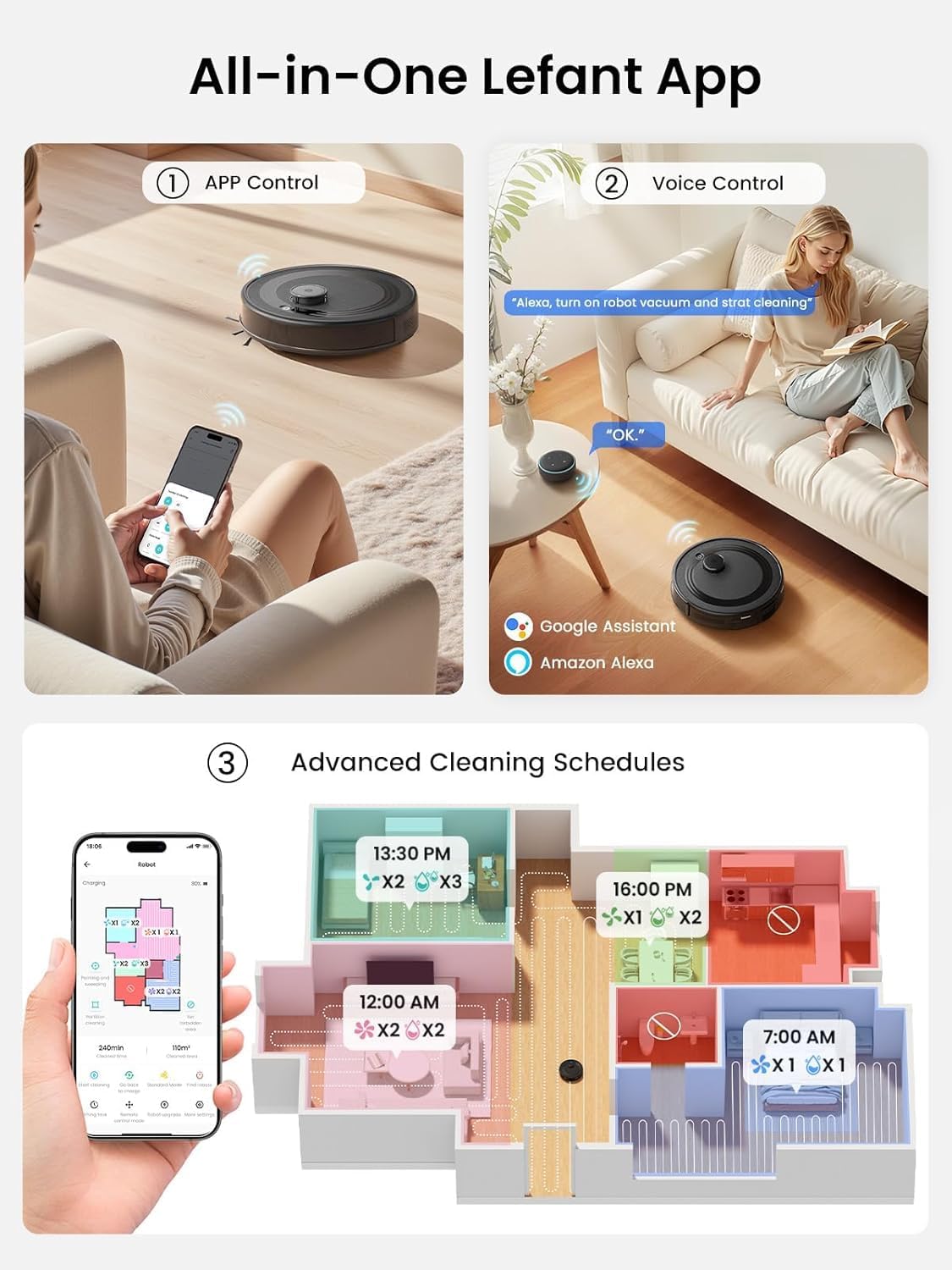 Lefant LiDAR Robot Vacuum and Mop Combo,75-Days Self-Emptying,6000Pa Powerful Scution,Multi-Floor Mapping, No-Go Zones,140 Min Runtime,2.4G/5G WiFi/Alexa/APP/iWatch,M2 Plus Black - Image 9