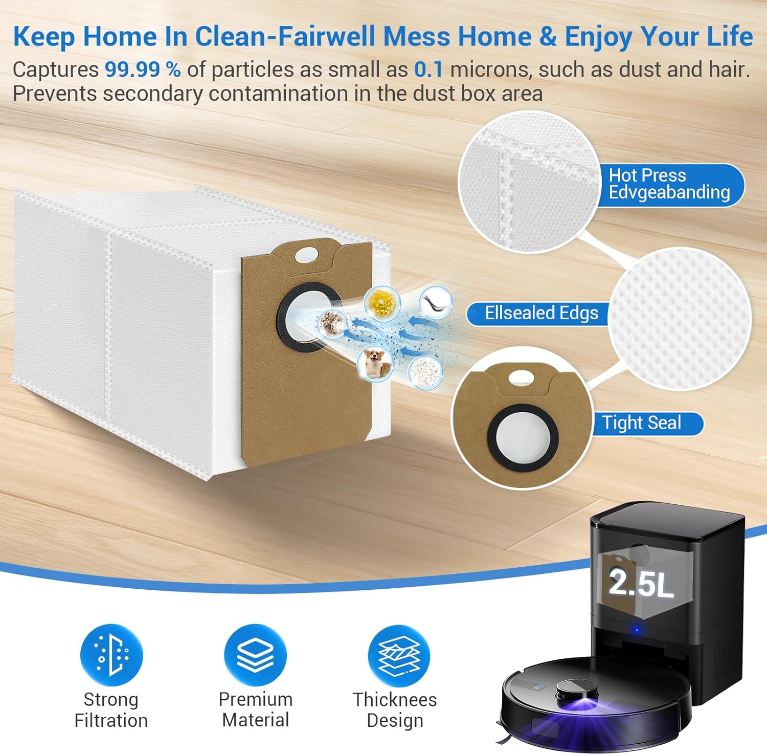 Bluevisk MS1 MAX Replacement Parts for For MONSGA MS1 MAX Robotic Vacuum Cleaner Parts with 1 Roller Brush, 4 HEAP, 6 Mop, 6 Dust Bags, 6 Side Brushes, 1 Clean Brush - Image 5