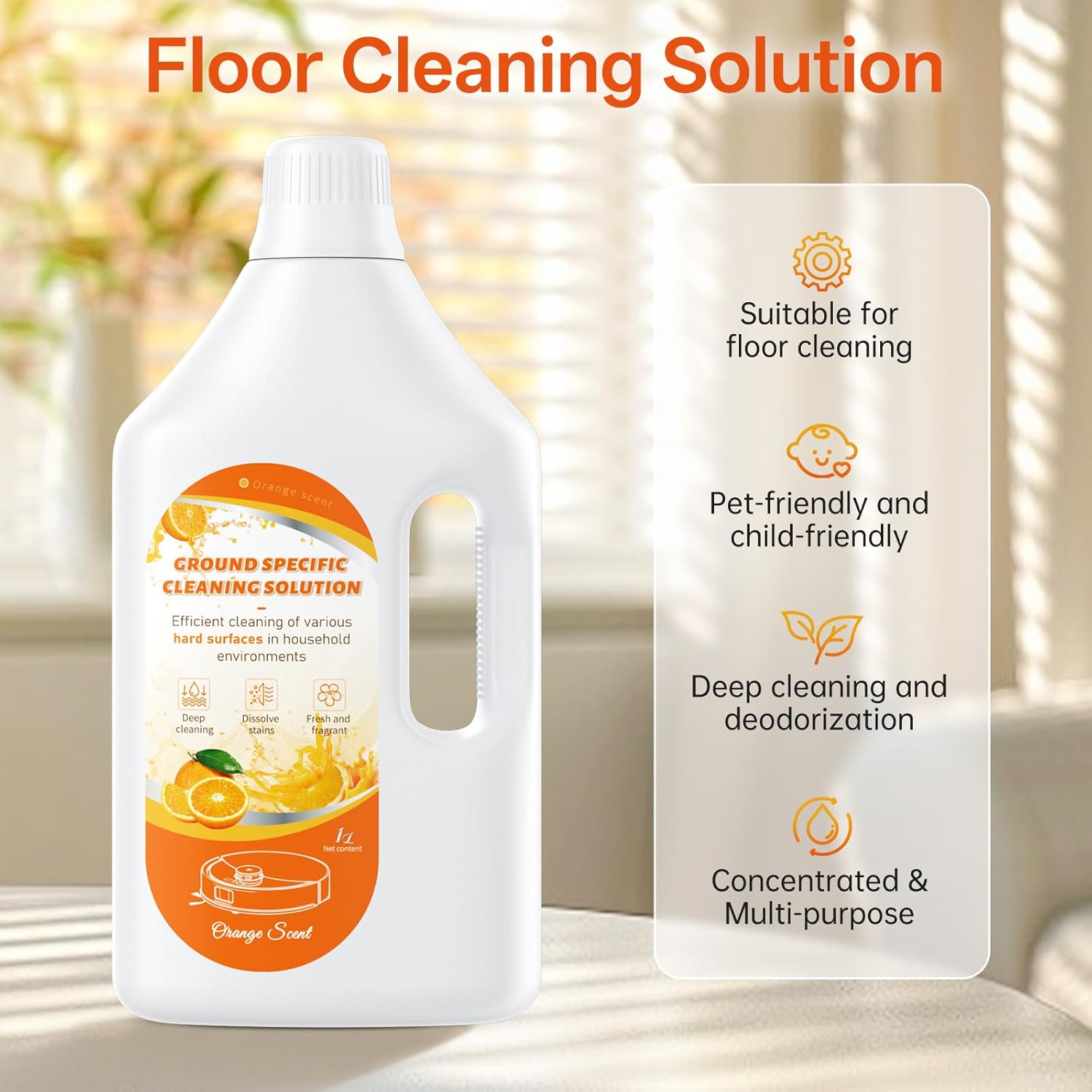 1L Sweet Orange Floor Cleaning Solution Compatible with Roborock&Eufy&iRobot&Ecovacs&Dreame&Shark, Fragrance Deodorization, Deep Cleans for Multiple Hard Floors, Suitable With All Robot Vacuum - Image 2