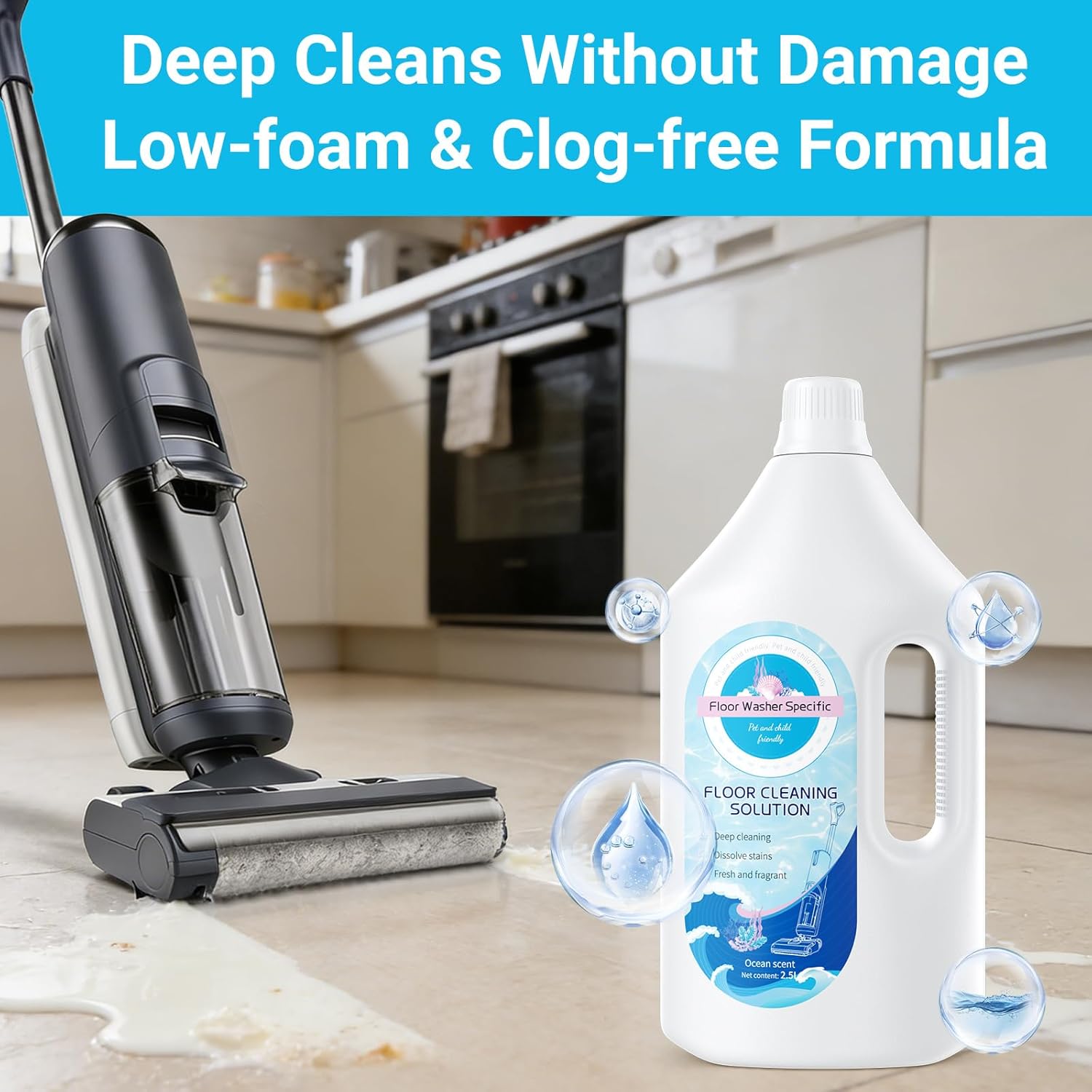 Floor Cleaner Compatible with Tineco Cleaning Solution, Suitable with All Robotic Vacuum Mop and Cordless Wet/Dry Vacuum Mop Cleaner, Multi-Surface Deodorizing & Cleaning Solution (2.5 L, Ocean) - Image 2