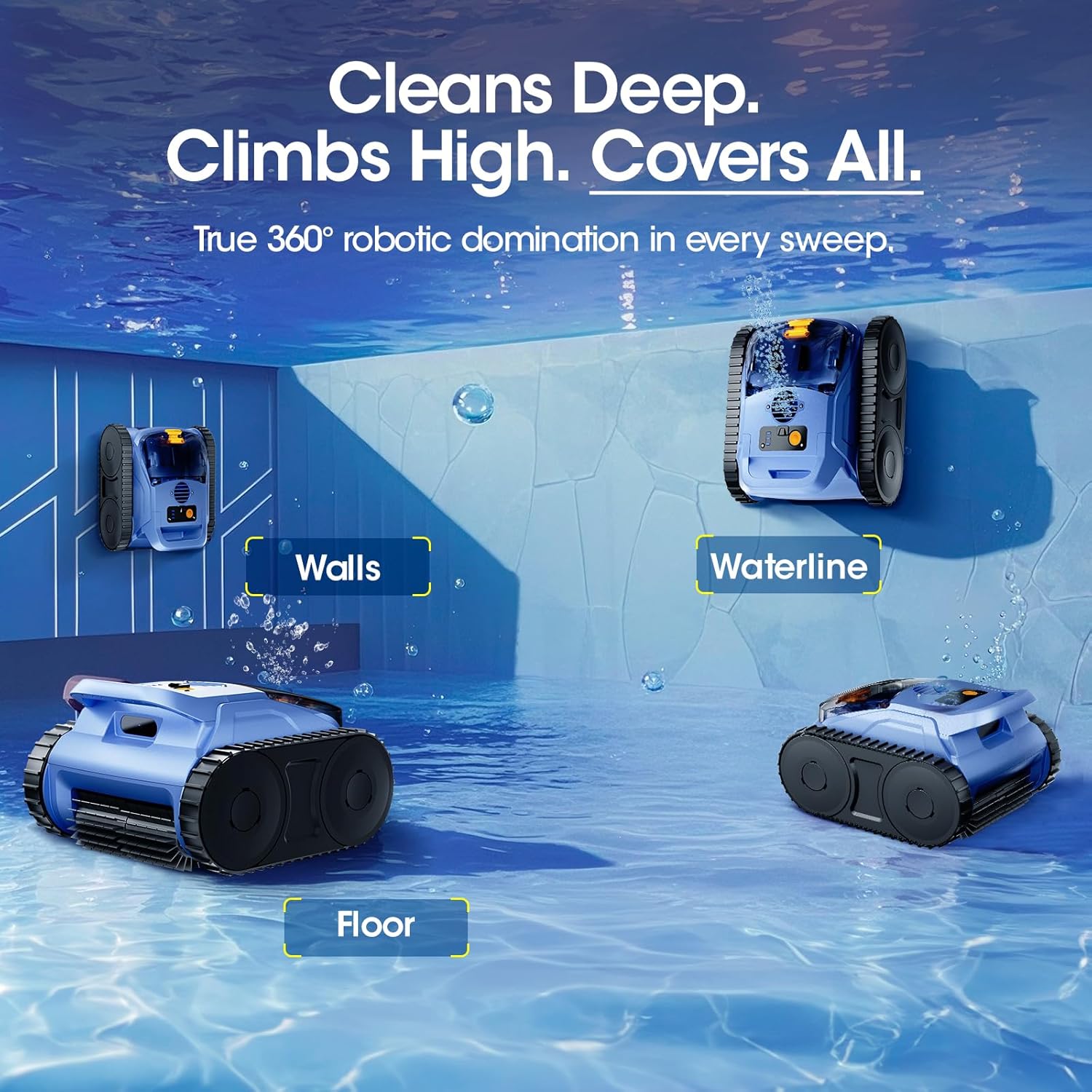 Cordless Robotic Pool Vacuum, Pool Cleaner with Track Drive & Sonar Navigation, 180W Brushless Motor, Wall & Waterline Climbing, 150-Min Runtime, for Inground Above-Ground 2150 Sq. Ft. (Navy Blue) - Image 6