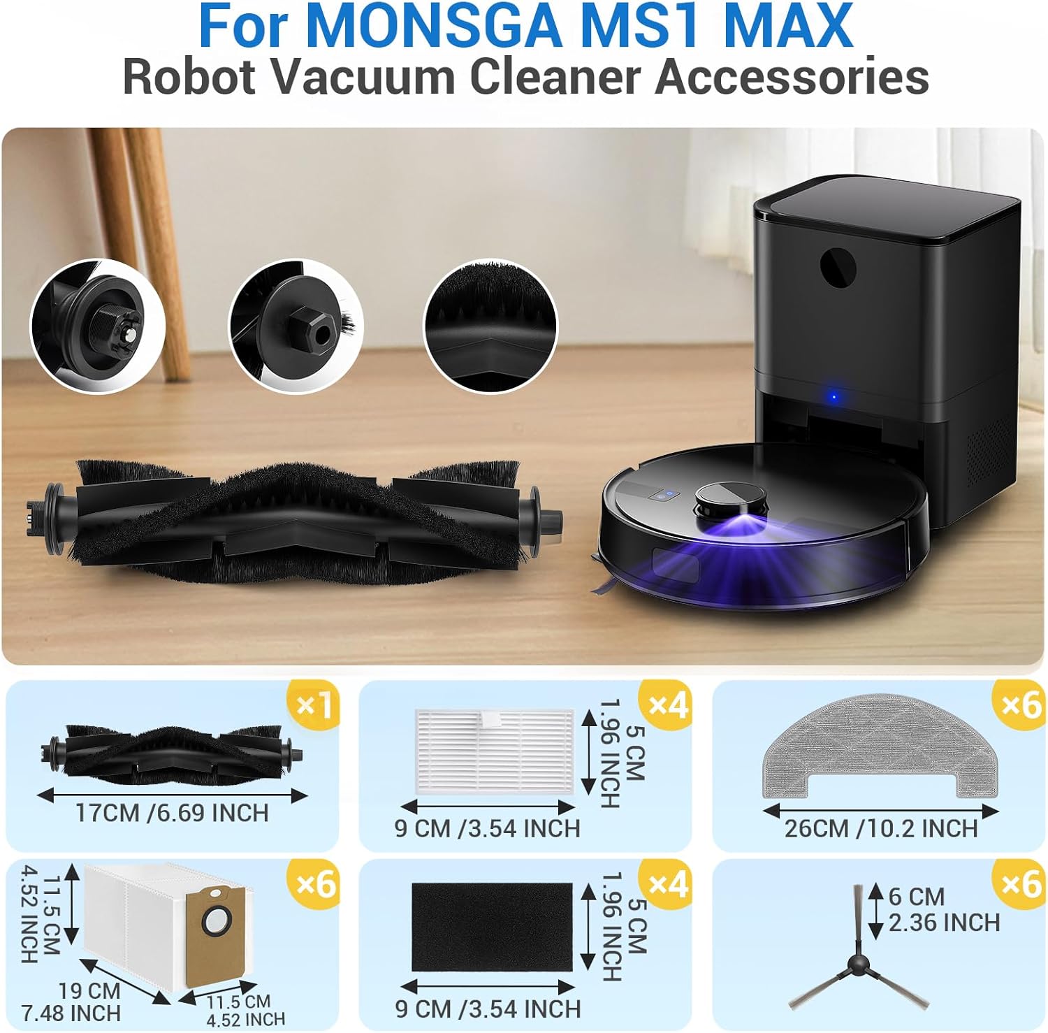 Bluevisk MS1 MAX Replacement Parts for For MONSGA MS1 MAX Robotic Vacuum Cleaner Parts with 1 Roller Brush, 4 HEAP, 6 Mop, 6 Dust Bags, 6 Side Brushes, 1 Clean Brush - Image 2