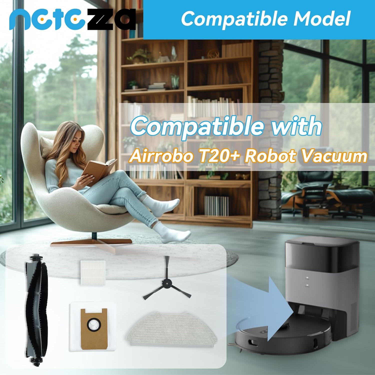 T20 Accessories Replacement Compatible with Airrobo T20+ Robot Vacuum Cleaner, 1 Main Brush, 2 HEPA Filters, 4 Dust Bags, 4 Mop Pads, 4 Side Brushes, T20+ Replacement Parts - Image 2