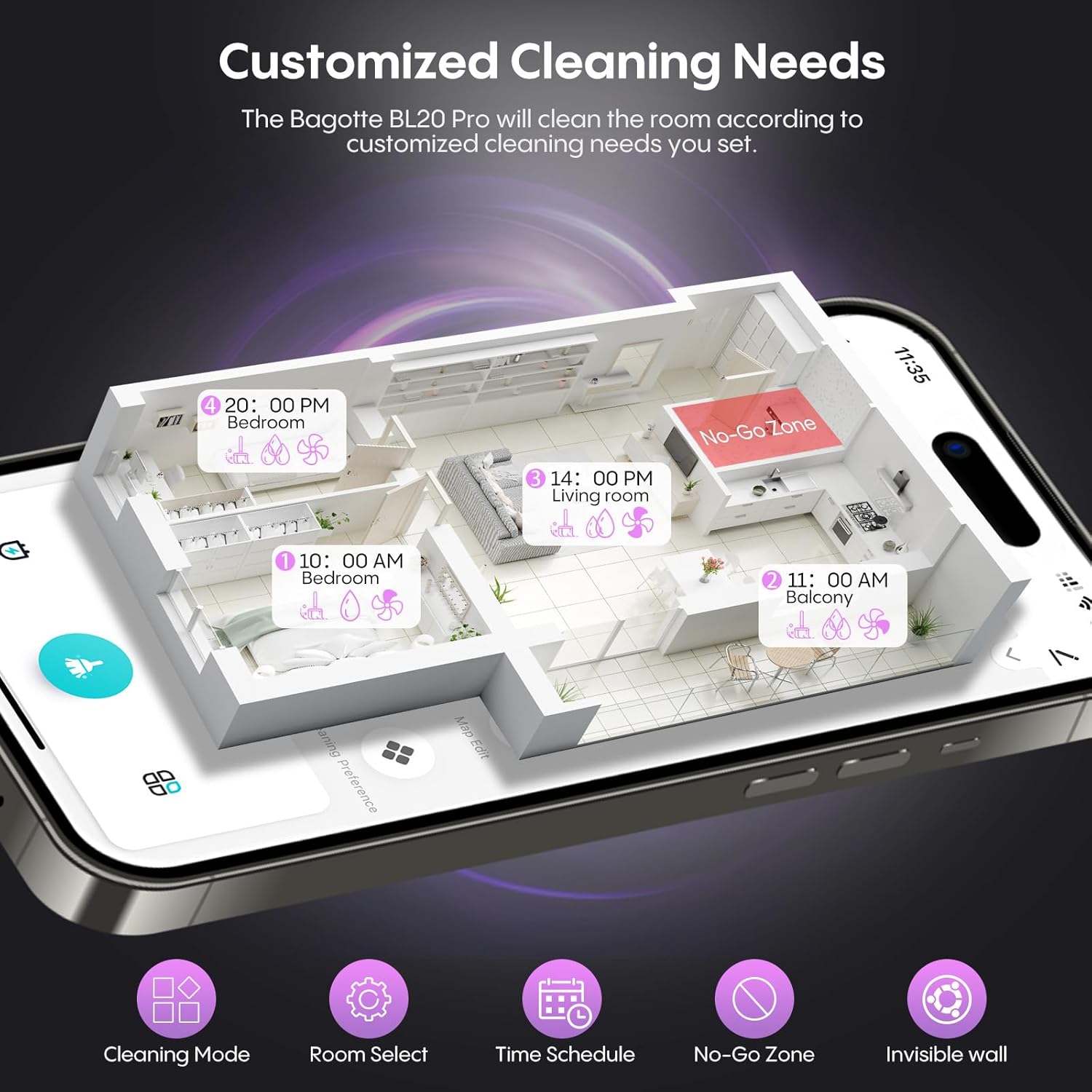 Bagotte Robot Vacuum and Mop, Robotic Vacuum Cleaner with Self Emptying Station for 60 Days, 5000Pa Suction, LiDAR Navigation, No-Go Zones,Wi-Fi/App/Alexa Control, for Carpets & Hard Floors - Image 6