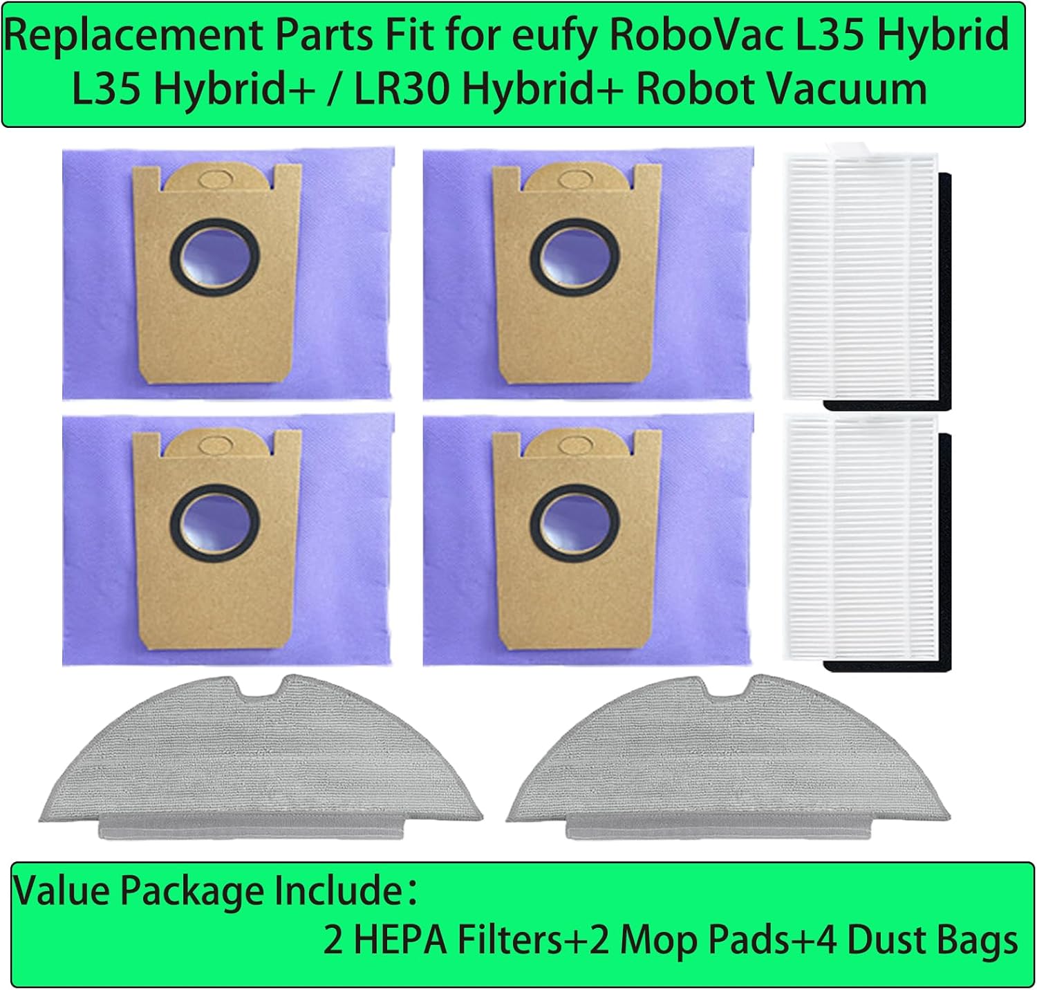 Replacement Spare Parts for eufy RoboVac L35 Hybrid / L35 Hybrid+ / LR30 Hybrid+ Robot Vacuum 2 Filter 2 Mop Cloth 4 Dust Bag Accessories - Image 2