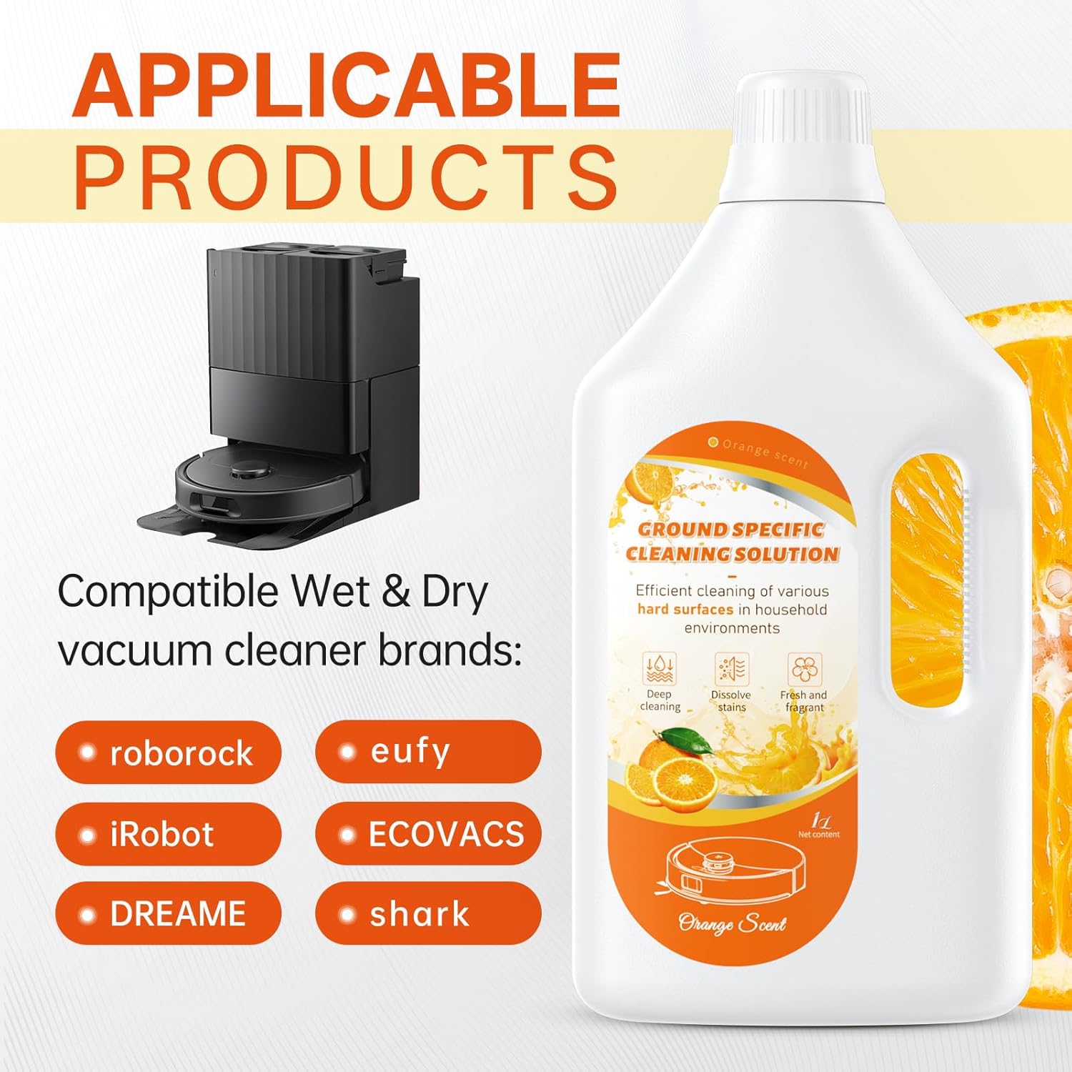 1L Sweet Orange Floor Cleaning Solution Compatible with Roborock&Eufy&iRobot&Ecovacs&Dreame&Shark, Fragrance Deodorization, Deep Cleans for Multiple Hard Floors, Suitable With All Robot Vacuum - Image 4