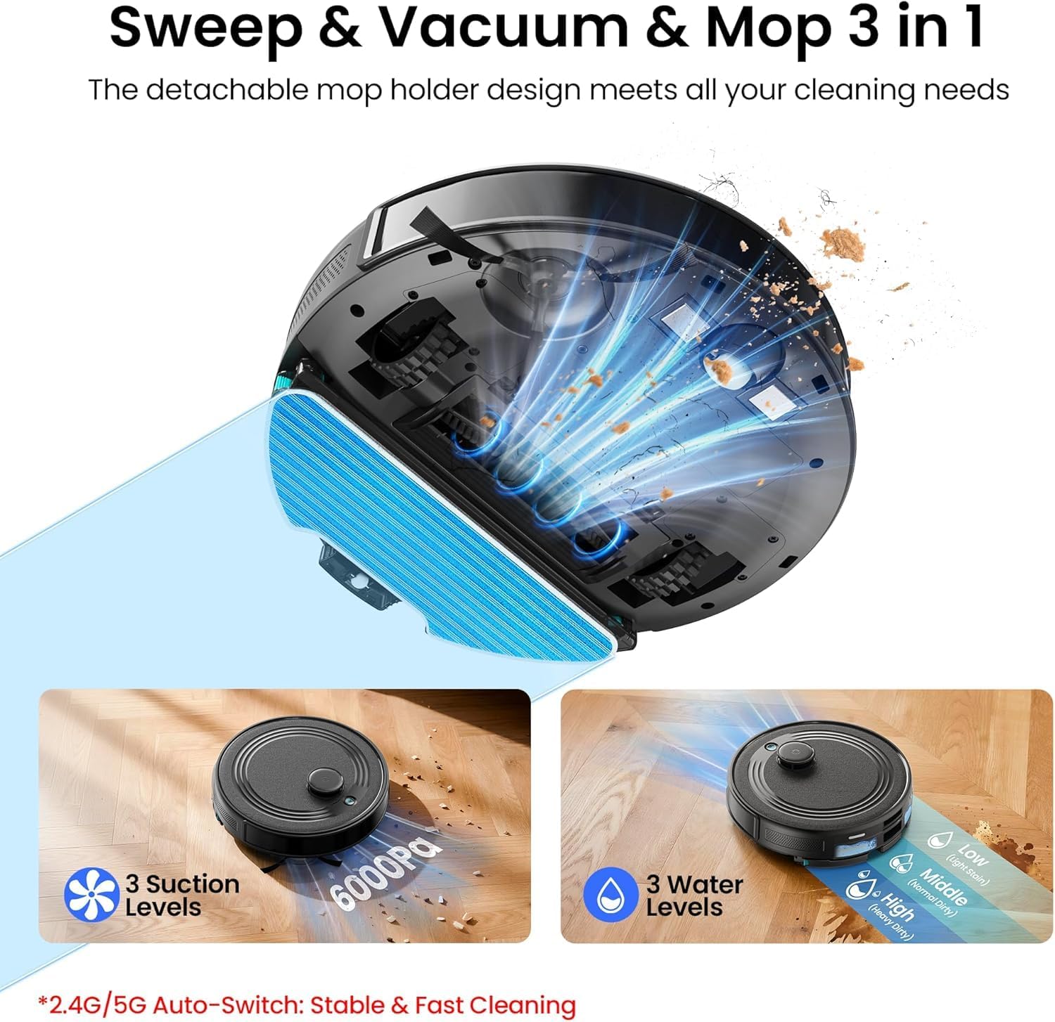 Lefant LiDAR Robot Vacuum and Mop Combo,75-Days Self-Emptying,6000Pa Powerful Scution,Multi-Floor Mapping, No-Go Zones,140 Min Runtime,2.4G/5G WiFi/Alexa/APP/iWatch,M2 Plus Black - Image 4