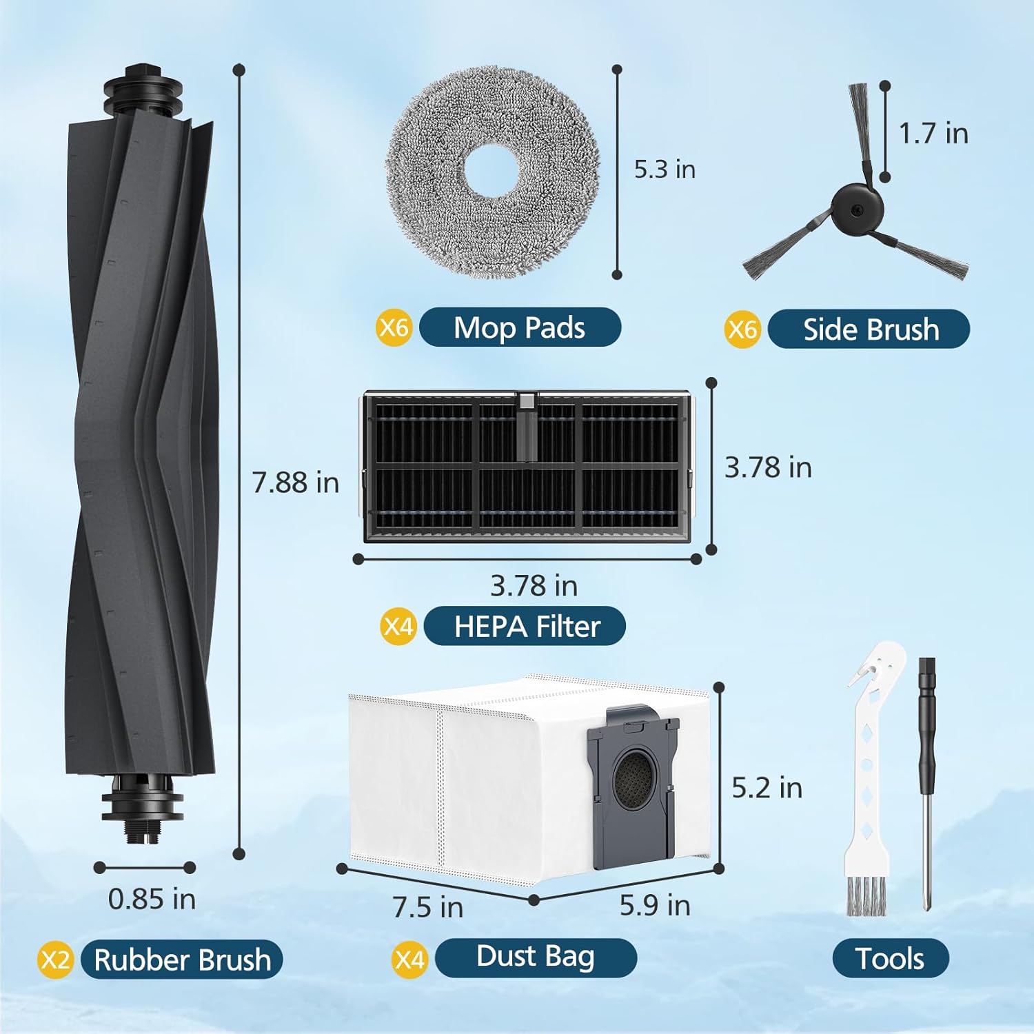 Accessories for Dreame L40 Ultra / X40 Ultra / X40 Master, and for MOVA P10 / P50 Pro Ultra Robot Vacuum, 2*Rubber Main Brushes, 4*Dust Bags, 6*Mop Pads, 4*Filters, 6*Side Brushes - Image 3