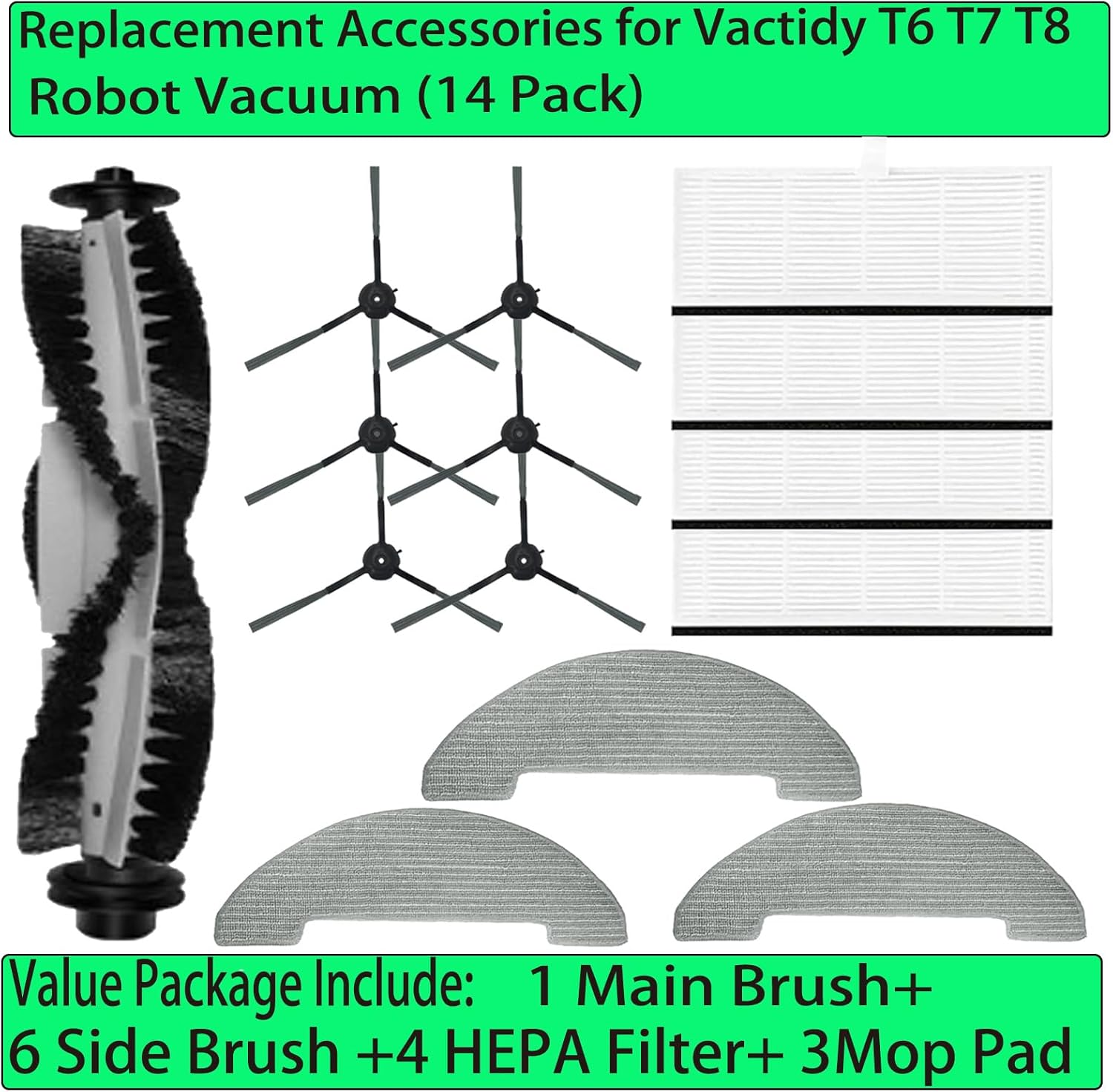 Replacement Spare Parts for Vactidy T6 /T7 /T8 Robot Vacuum 1 Main Brush 6 Side Brush 4 HEPA Filter 3 Mop Pad Accessories (14 Pack) - Image 2