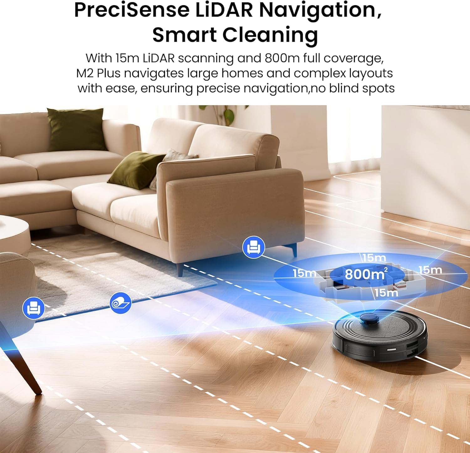 Lefant LiDAR Robot Vacuum and Mop Combo,75-Days Self-Emptying,6000Pa Powerful Scution,Multi-Floor Mapping, No-Go Zones,140 Min Runtime,2.4G/5G WiFi/Alexa/APP/iWatch,M2 Plus Black - Image 3
