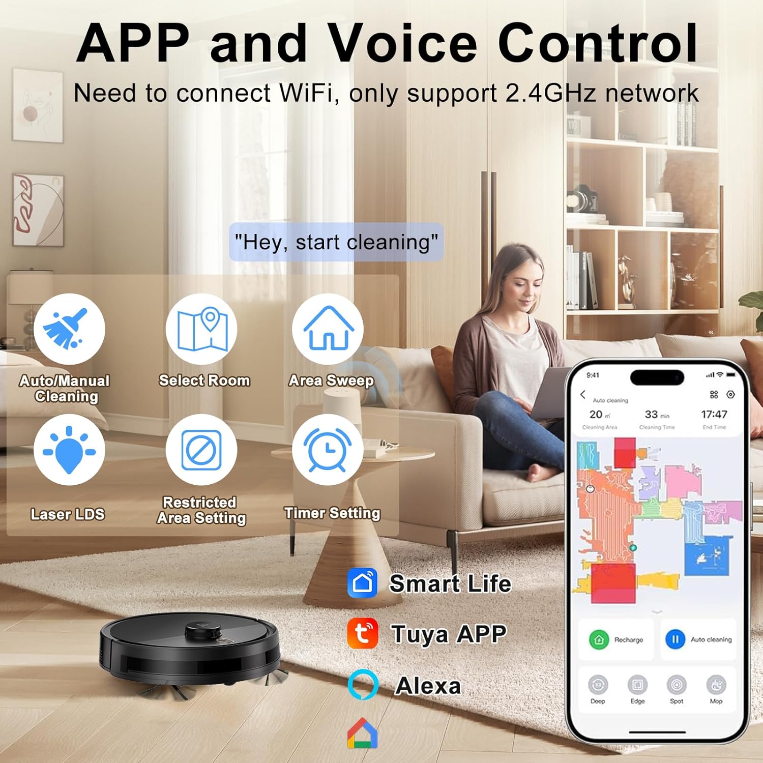 Robot Vacuum and Mop Combo, Robotic Vacuums with LiDAR Navigation, Smart Mapping, Strong Suction, with WiFi/App/Alexa/Voice Control, Obstacle Avoidance, for Home, Wood/Hard Floors, Pet Hair Black - Image 2