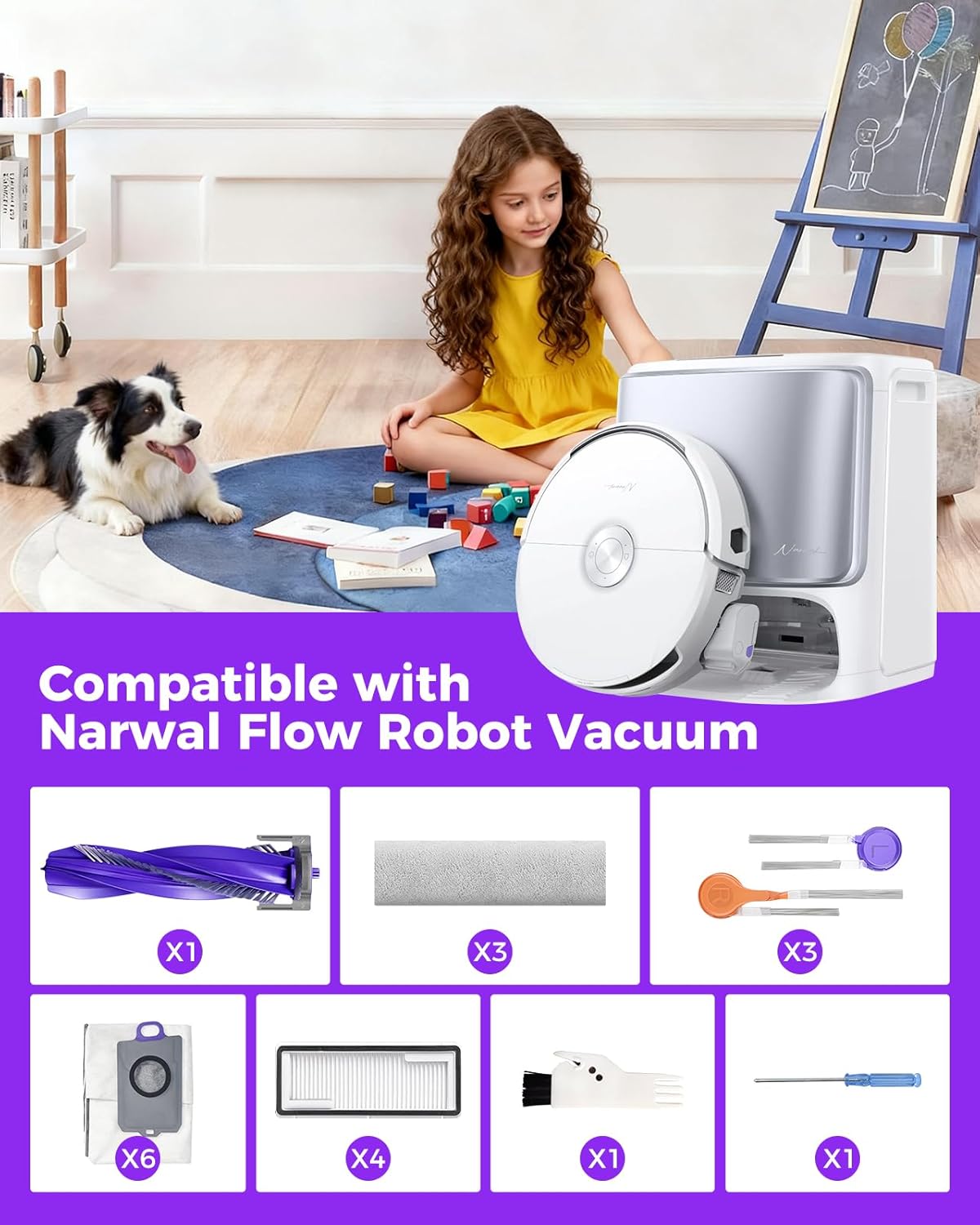 Yivy 22pcs Accessory Kit for Narwal Flow Robot Vacuum Cleaner, Replacement Set Compatible with Narwal Flow: 3 Track Mop Pads,1 Main Brush, 8 Side Brushes, 4 HEPA Filters, 6 Dust Bags,1 Cleaning Brush - Image 2