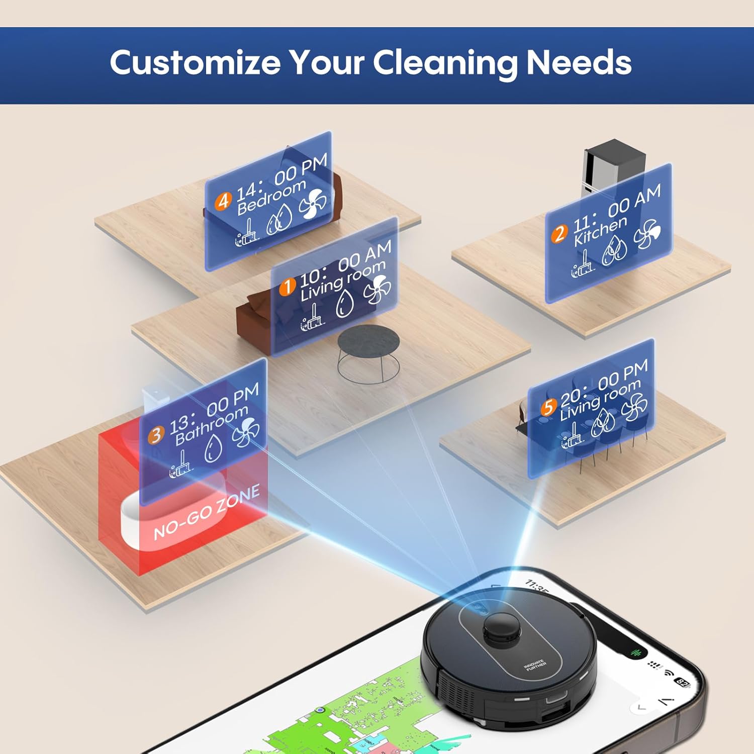 Robot Vacuum and Mop Self-Emptying: 6000Pa Robotic Vacuum 5-In-1 LiDAR Navigation with No-Go Zones/Mapping for 90 Days Hands-Free Cleaning, APP/Alexa Robot Vacuum for Pet Hair & Carpet & Hard Floor - Image 3