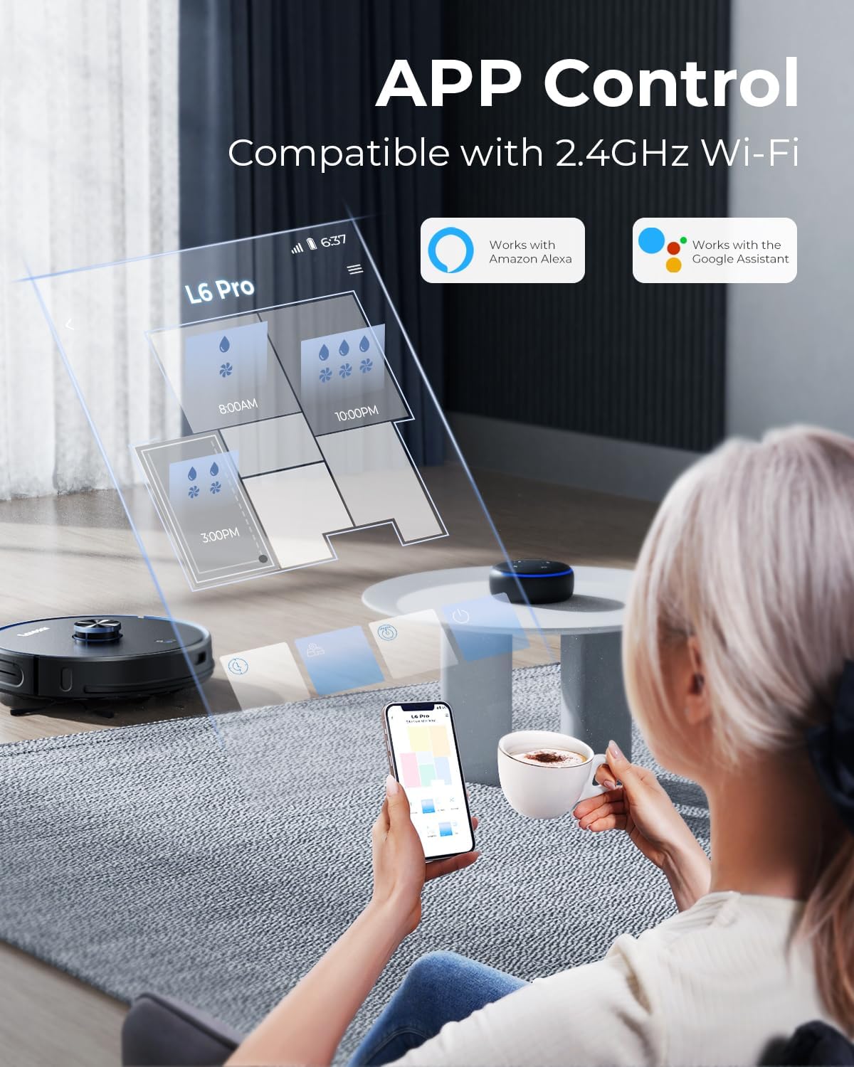 Laresar Robot Vacuum and Mop Combo, 3 in 1 Robotic Vacuum with 3.5L Self Emptying Station, Equipped with Lidar Navigation,Smart App Control, for Pet Hair/Floors/Carpets, L6 Pro, Black - Image 4