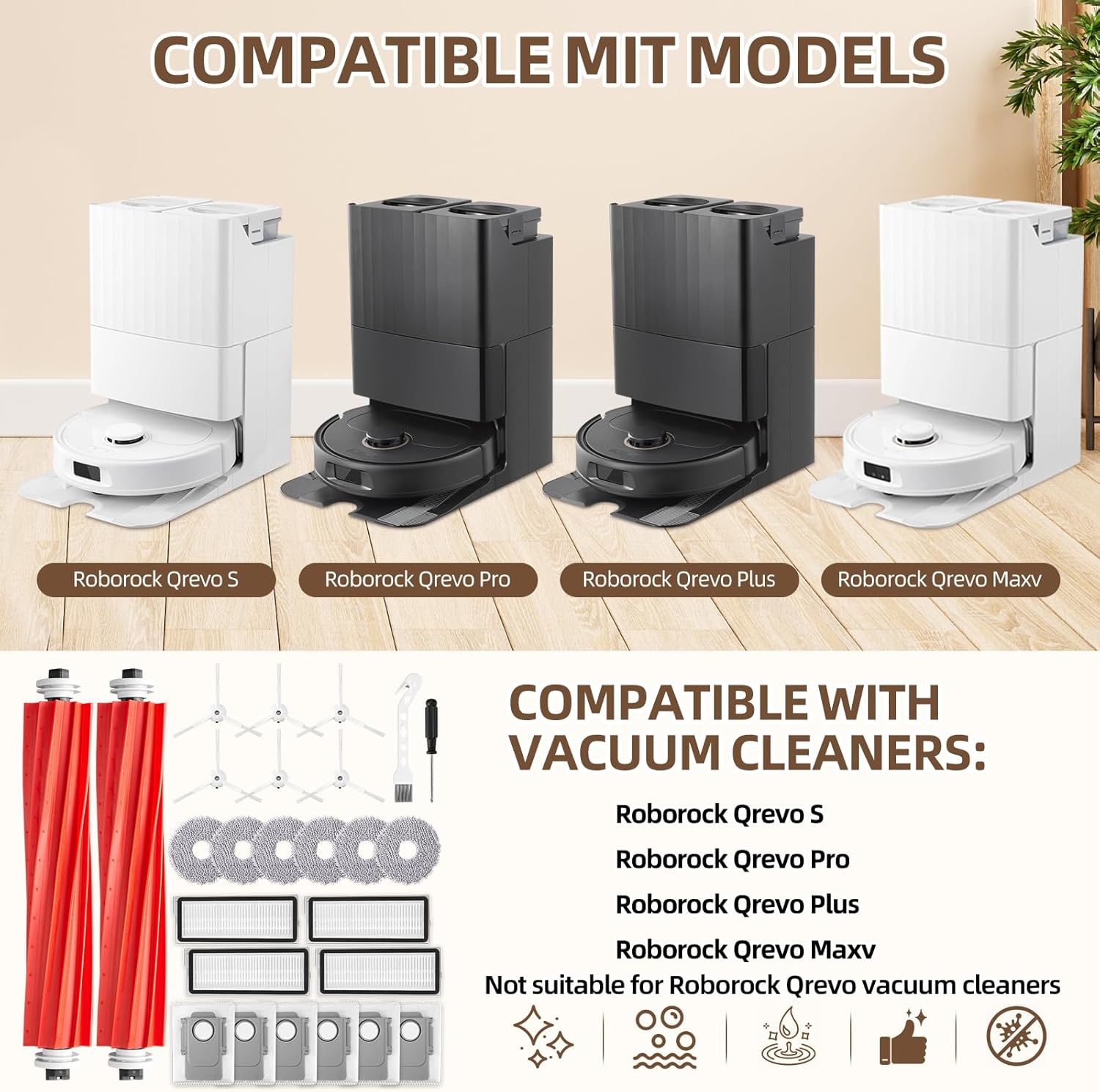 26 Pack Accessories for Roborock Qrevo S/Qrevo Pro/Qrevo Plus/Qrevo Maxv Vacuum Robot, Replacement 2 Main Brush 6 Mop Pads 6 Dust Bag 6 Sidebrush 4 Filter 1 Cleaning Brush 1 Screwdriver - Image 2